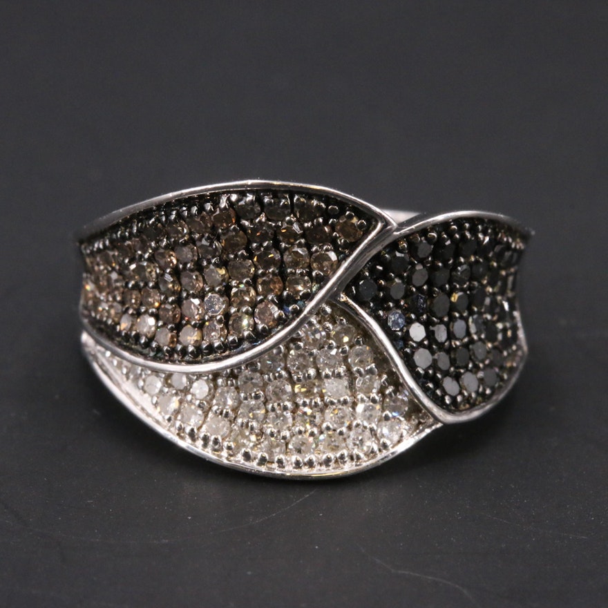 Sterling Diamond Leaf Patterned Ring Including Brown and Black Diamonds