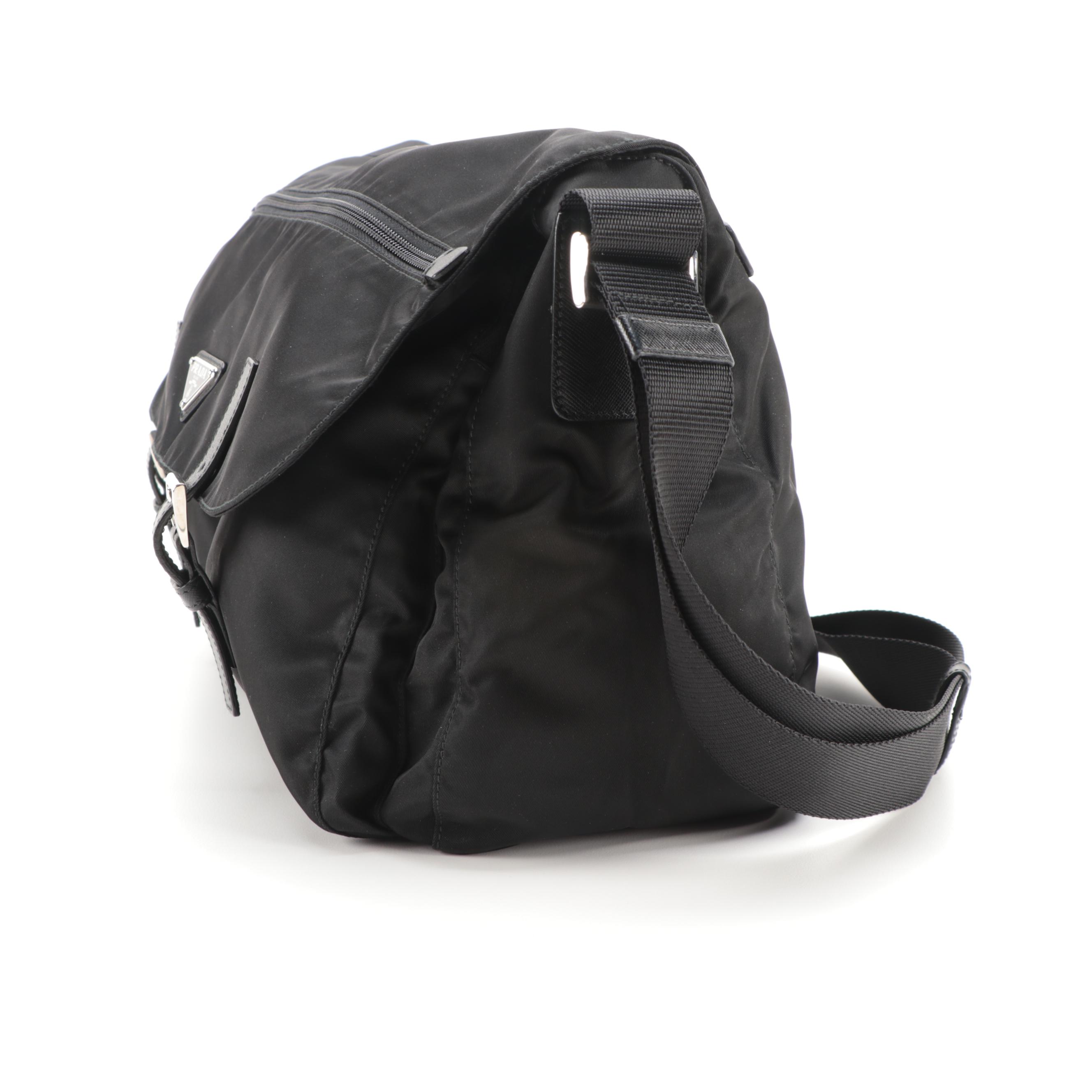 Prada Tessuto Dual Buckle Messenger Bag in Black Nylon and Saffiano Leather