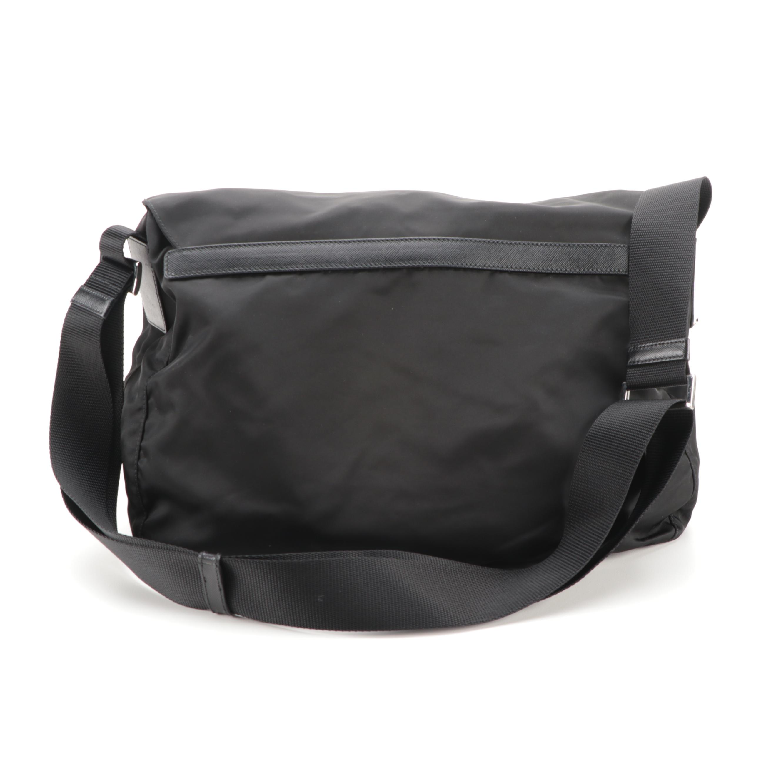 Prada Tessuto Dual Buckle Messenger Bag in Black Nylon and Saffiano Leather