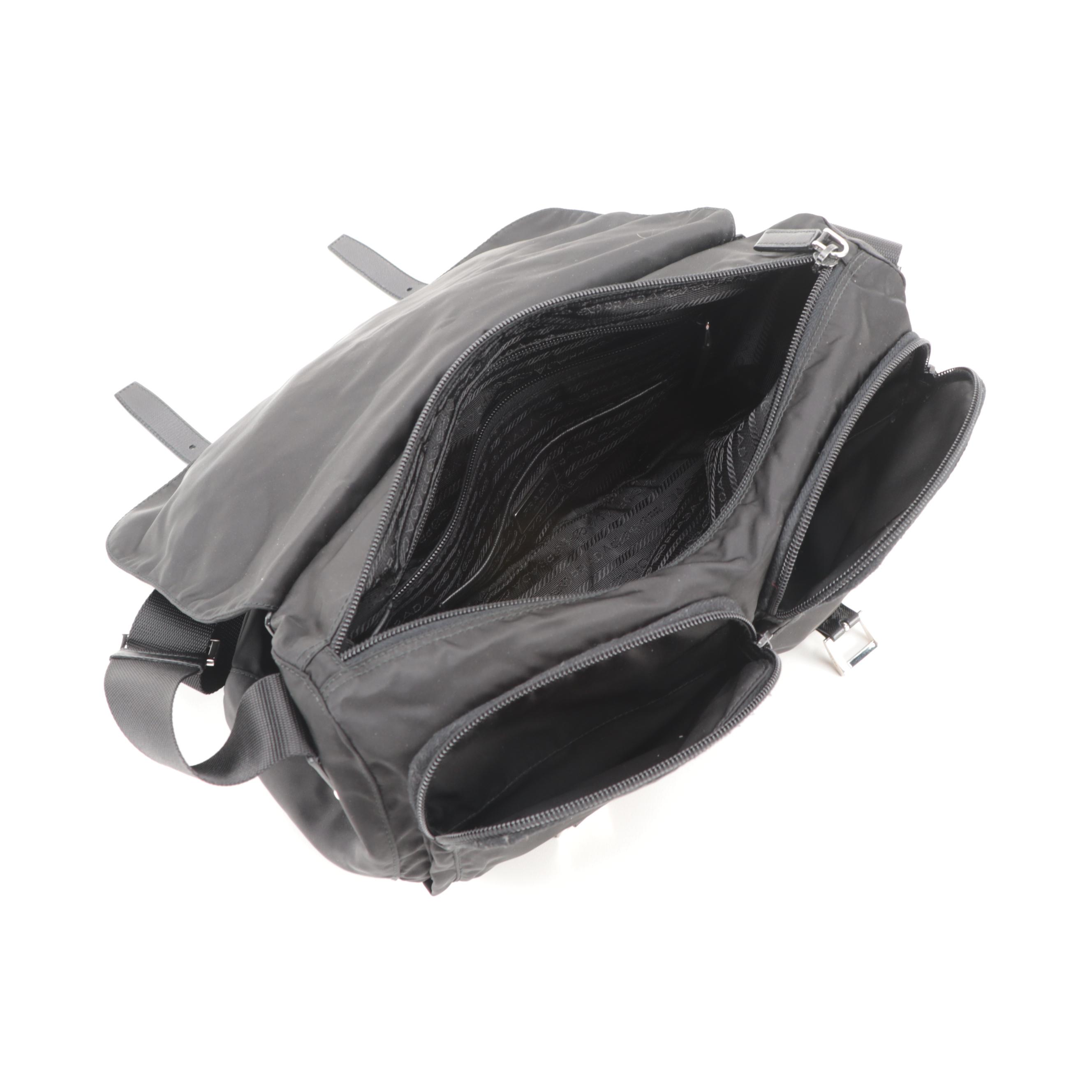Prada Tessuto Dual Buckle Messenger Bag in Black Nylon and Saffiano Leather