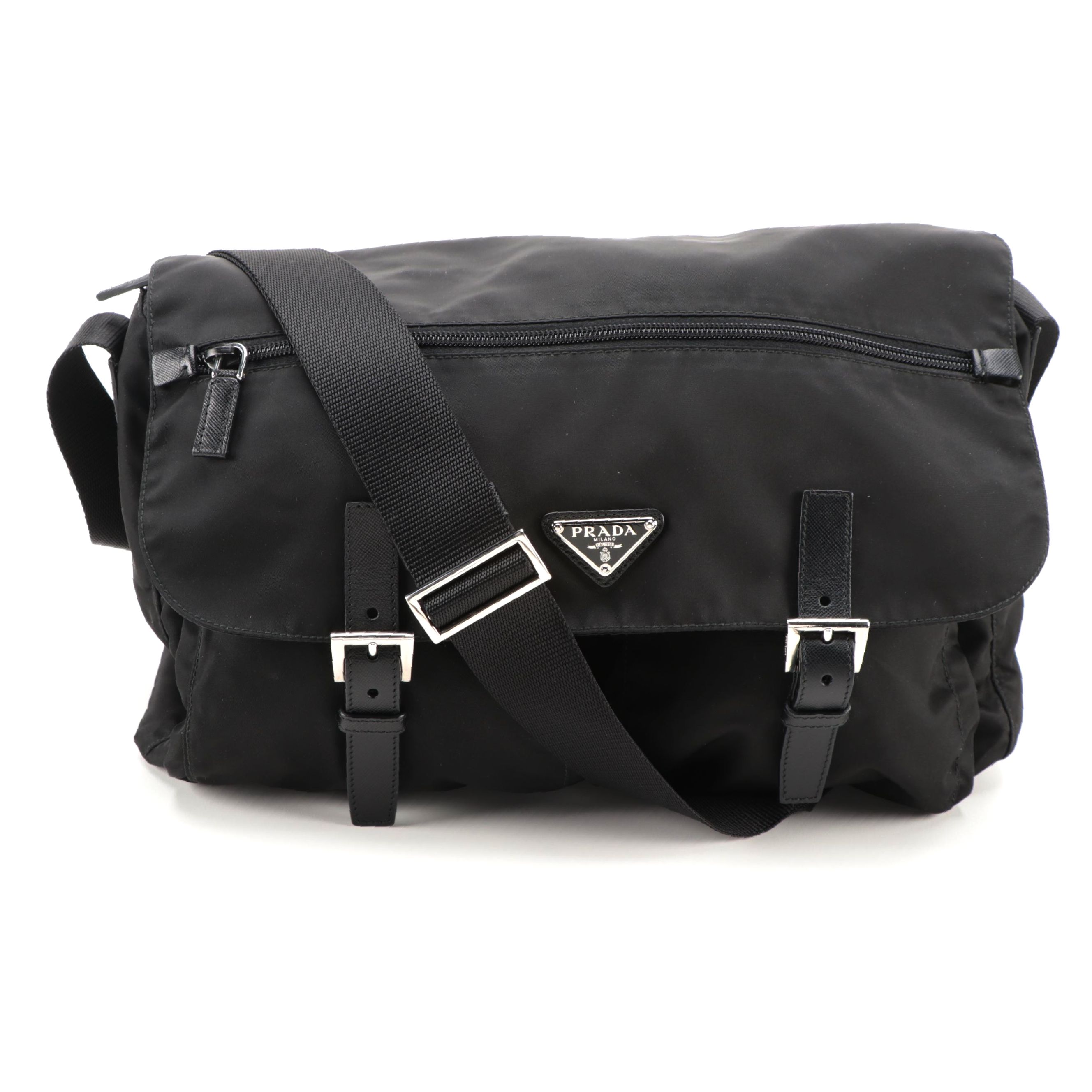 Prada Tessuto Dual Buckle Messenger Bag in Black Nylon and Saffiano Leather
