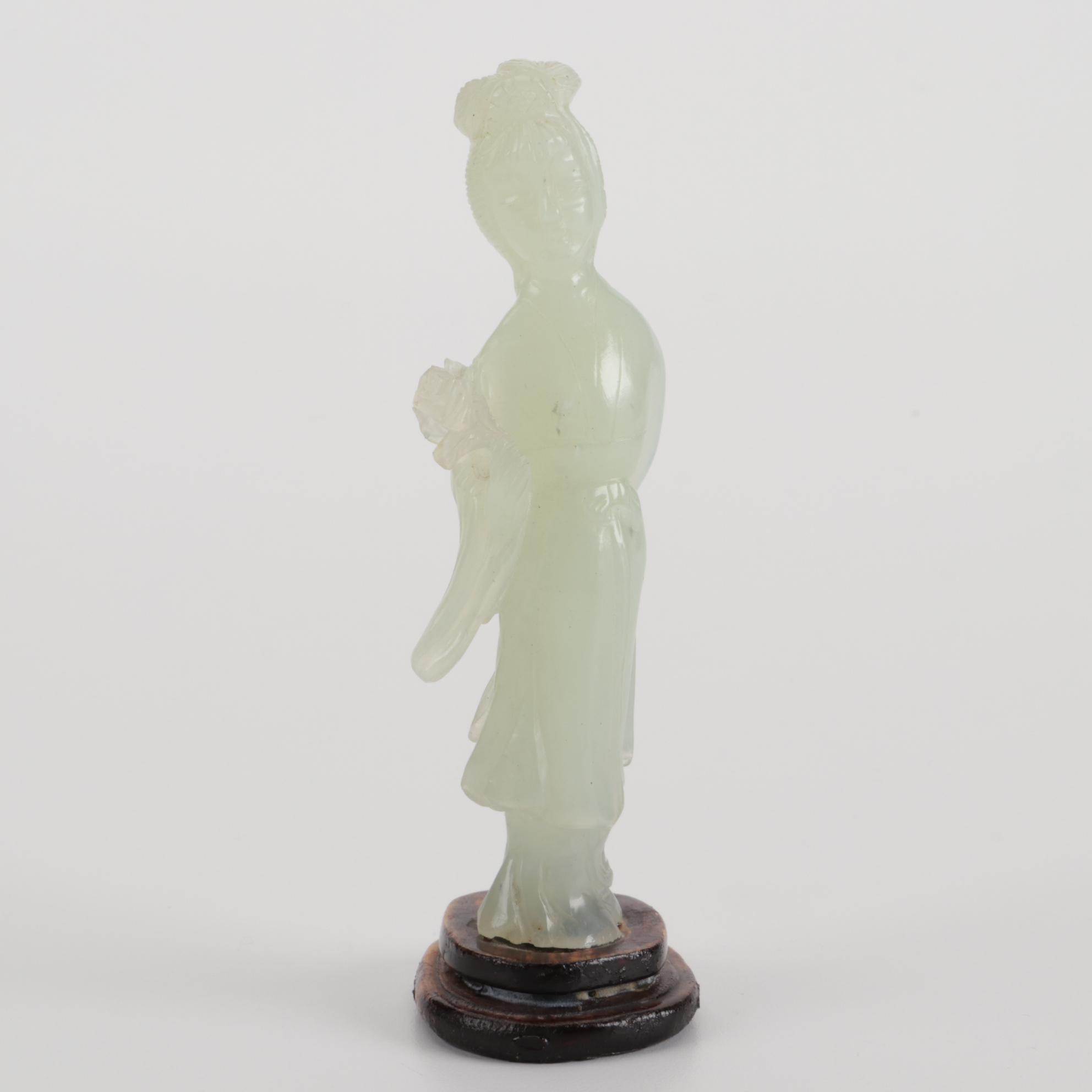 Chinese Carved Bowenite Guan Yin and Nephrite Fisherman Figurine