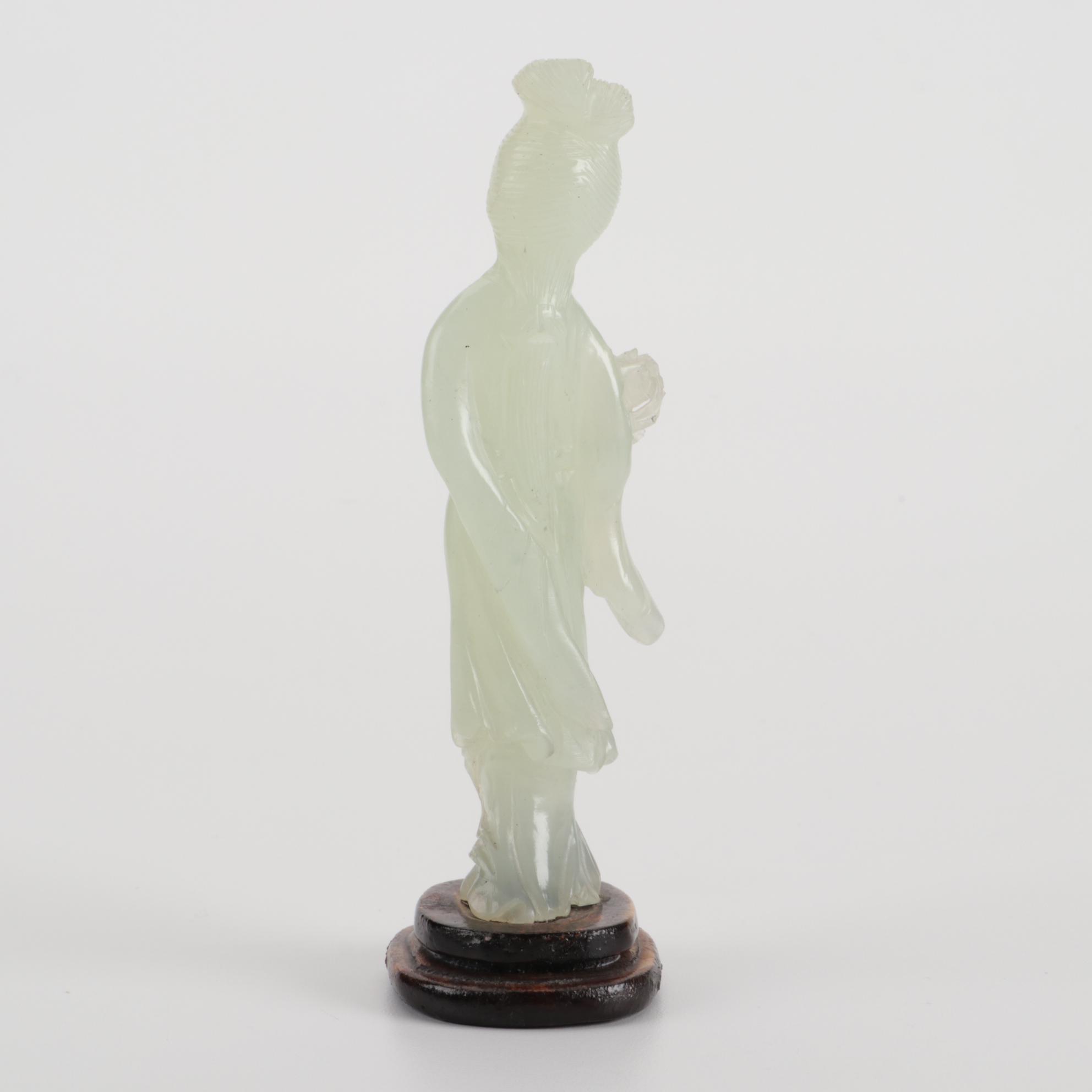Chinese Carved Bowenite Guan Yin and Nephrite Fisherman Figurine