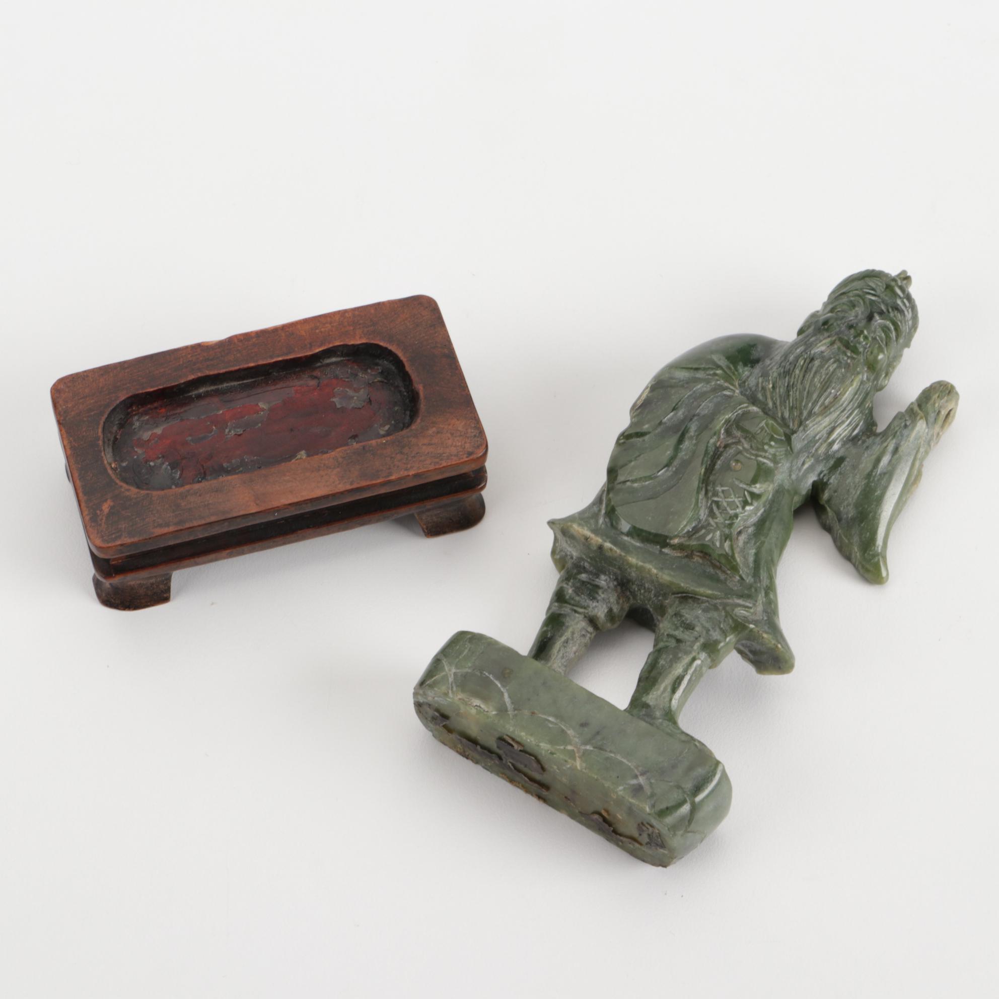 Chinese Carved Bowenite Guan Yin and Nephrite Fisherman Figurine