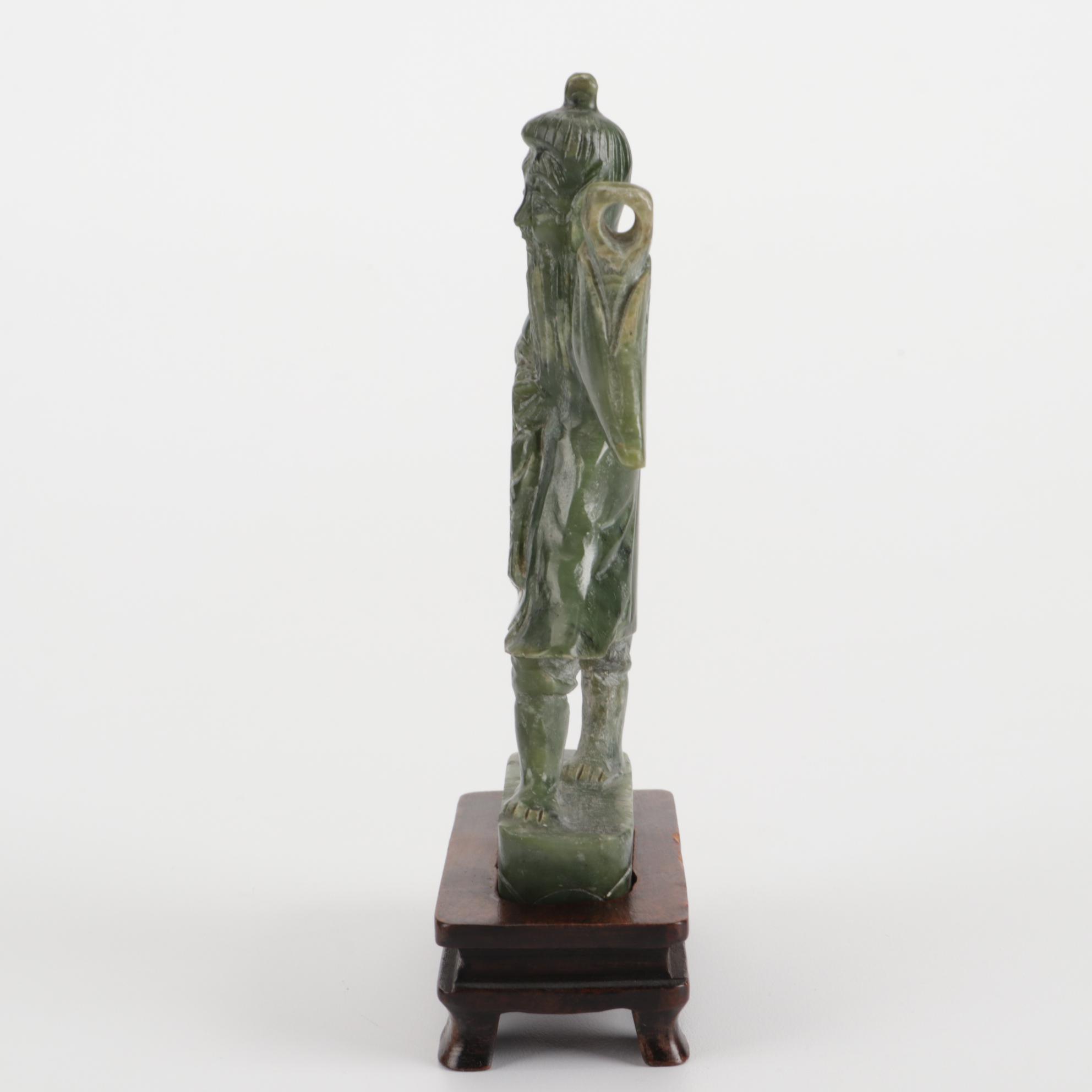 Chinese Carved Bowenite Guan Yin and Nephrite Fisherman Figurine