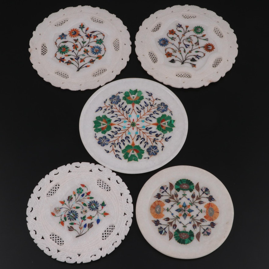 Carved Marble Plates with Abalone, Malachite, Lapis, MOP and Other Stone Inlay