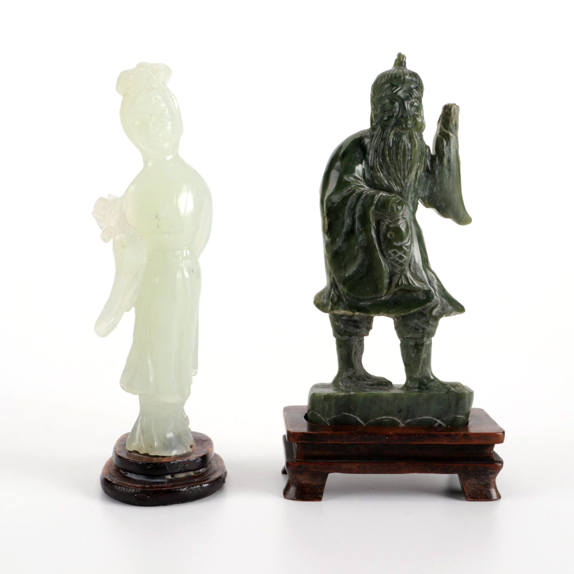 Chinese Carved Bowenite Guan Yin and Nephrite Fisherman Figurine