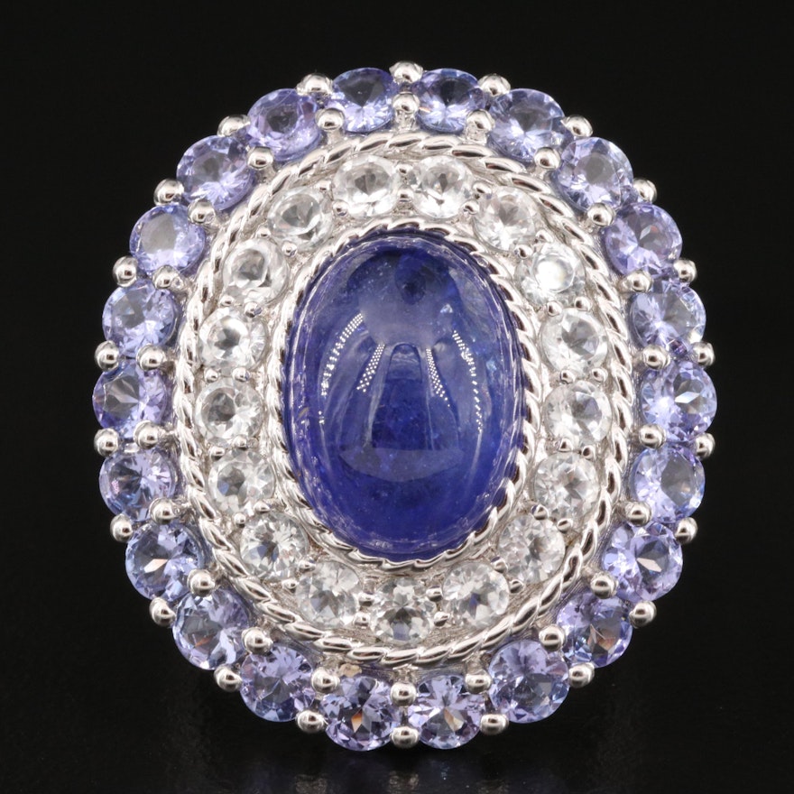 Sterling Tanzanite and Sapphire Oval Halo Ring