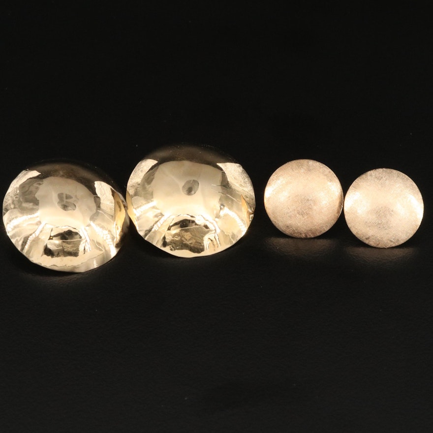 14K Domed Button Earrings with Smooth and Florentine Finishes