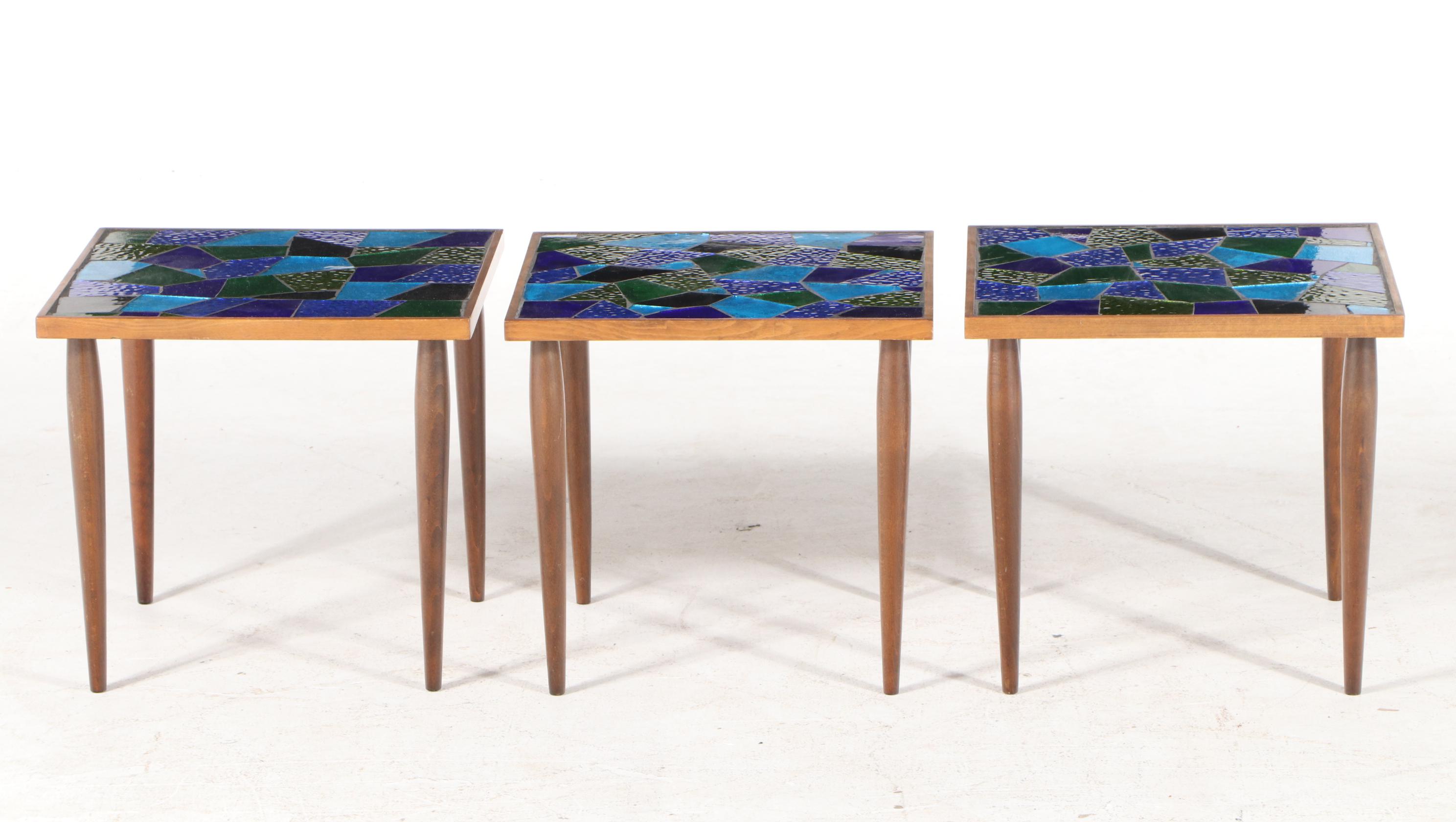 Jon Matin Mosaic Glass Top Walnut Nesting Tables, Mid-20th Century