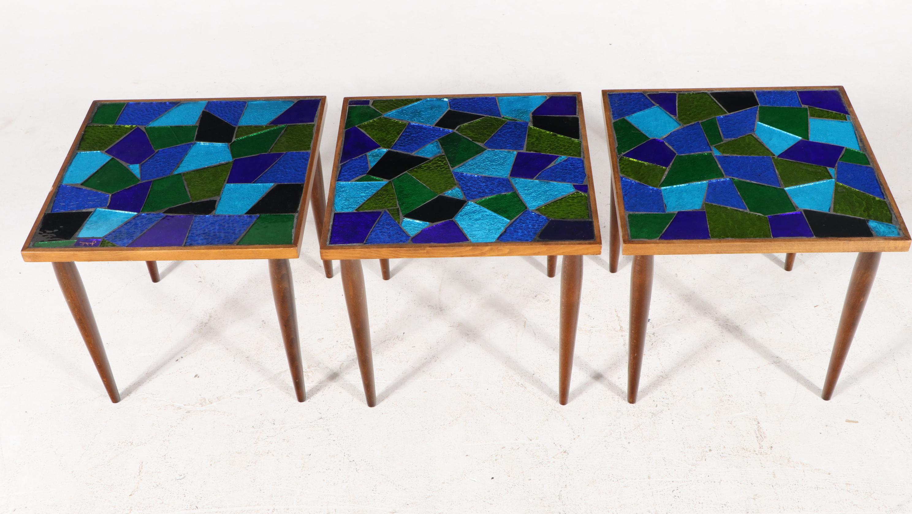Jon Matin Mosaic Glass Top Walnut Nesting Tables, Mid-20th Century