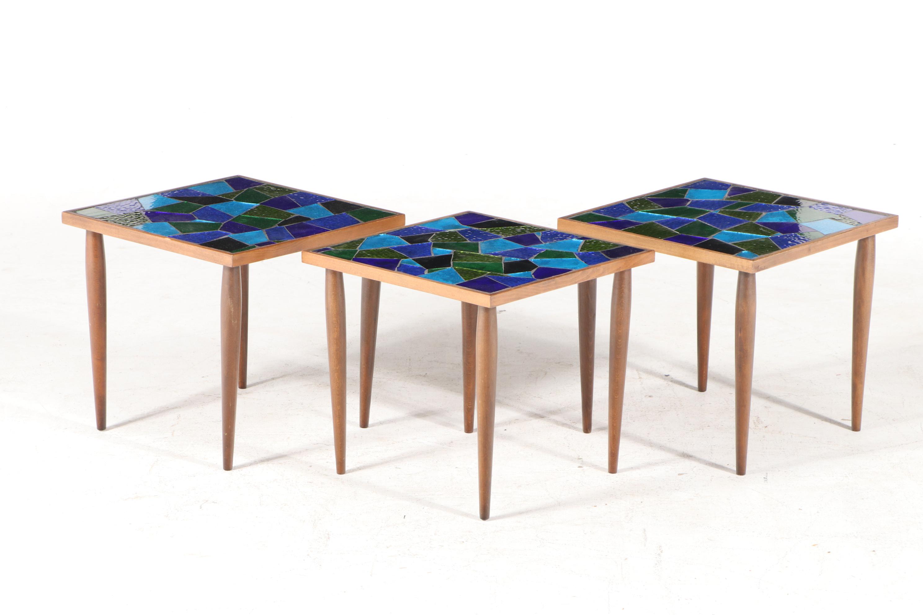 Jon Matin Mosaic Glass Top Walnut Nesting Tables, Mid-20th Century