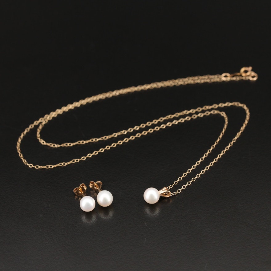 10K Pearl Necklace and Stud Earrings