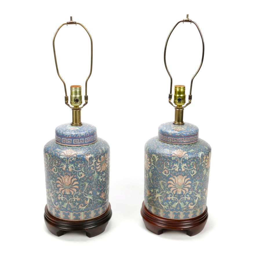 Frederick Cooper Chinoiserie Blue Ginger Jar Table Lamps, circa 1990