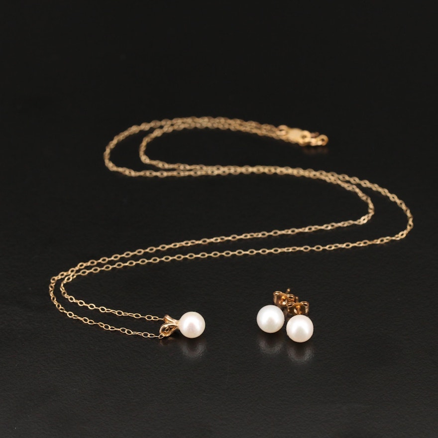 10K Pearl Pendant Necklace and Stud Earrings
