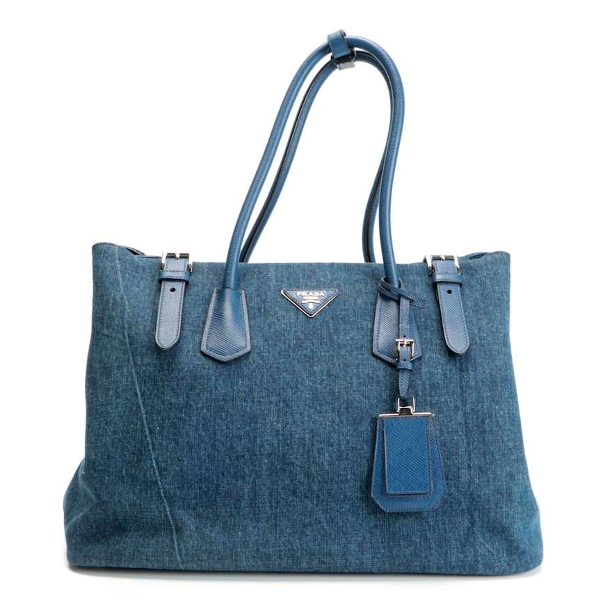 Prada Blue Denim and Saffiano Leather Tote Bag