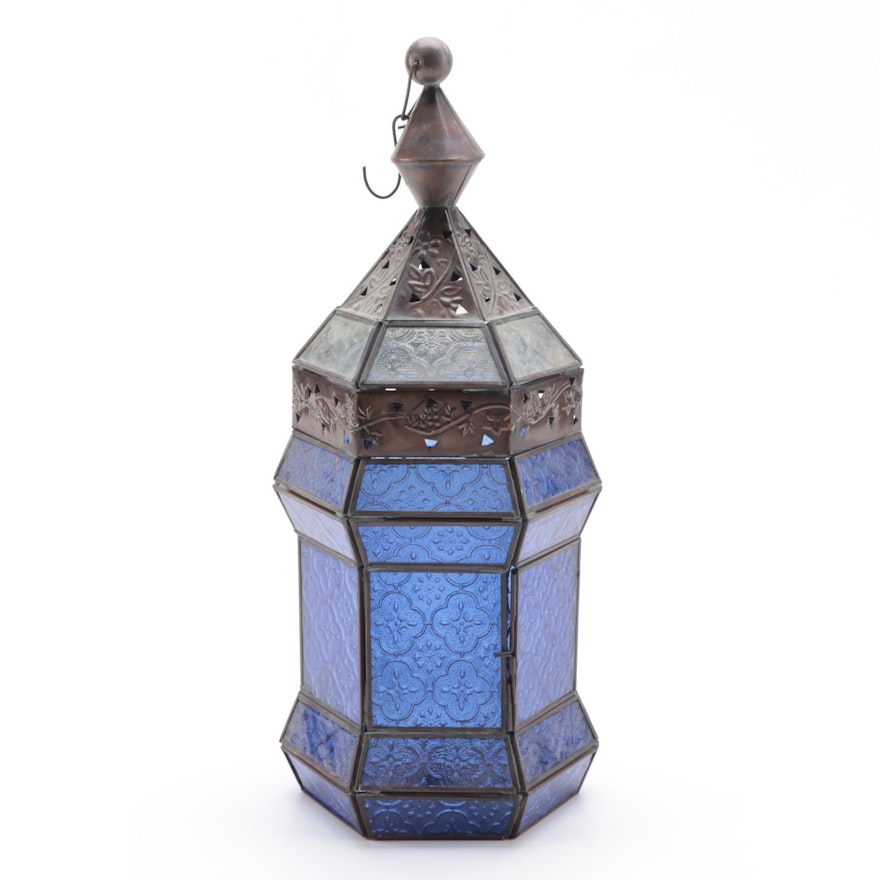 Blue Pressed Glass and Metal Hanging Lantern, 21st Century