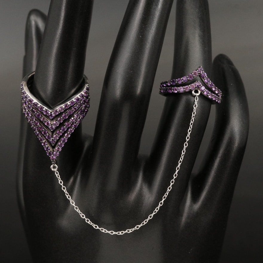 Sterling Silver Amethyst Chain Linked Double Chevron Ring