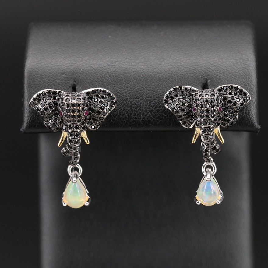 Sterling Elephant Earrings with Spinel, Ruby and Opal