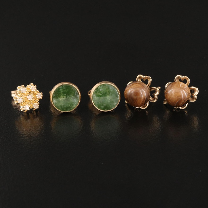 14K Earrings Featuring Diamond, Nephrite and Wood Accents