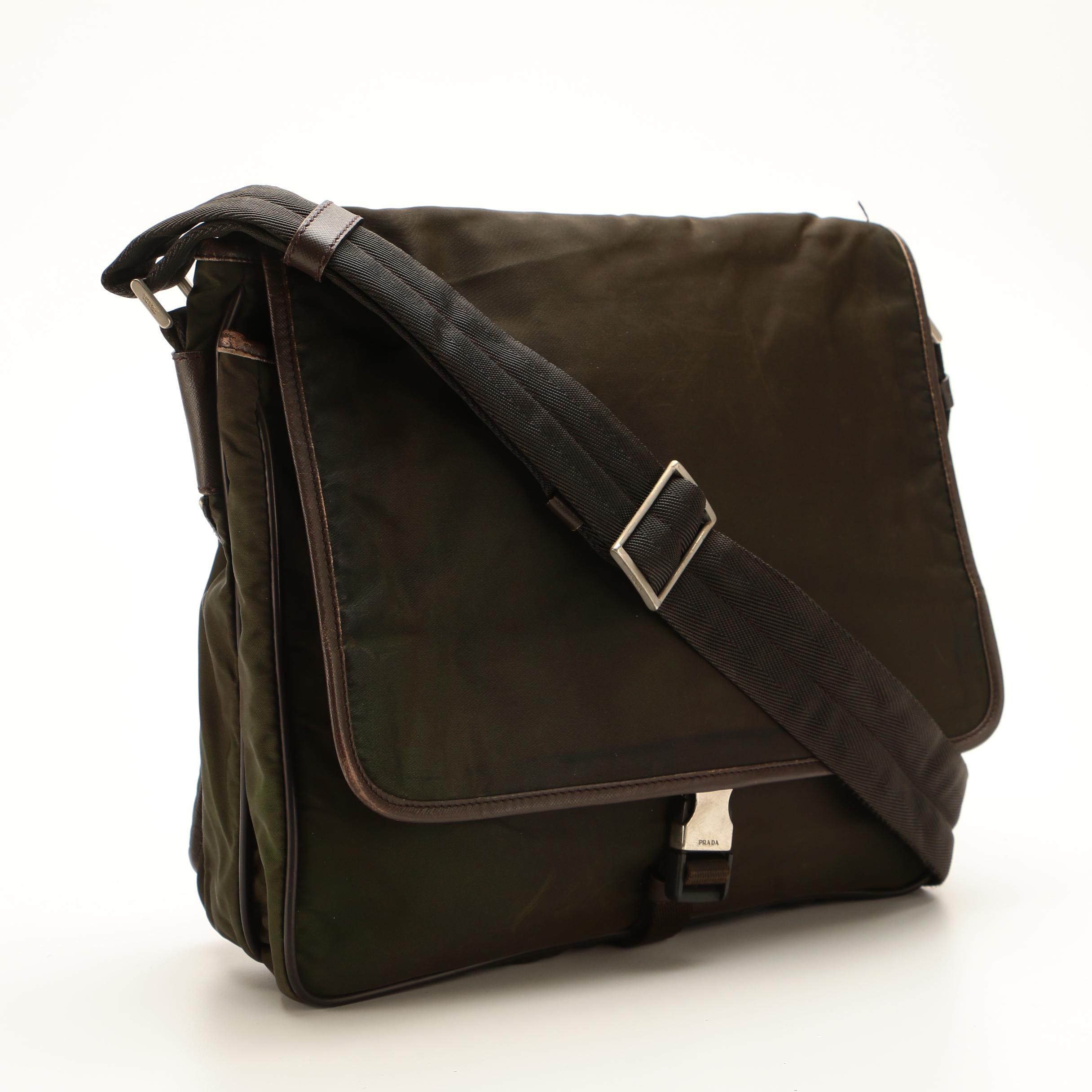 Prada Messenger Bag in Dark Olive Green Tessuto Nylon and Brown Saffiano Leather