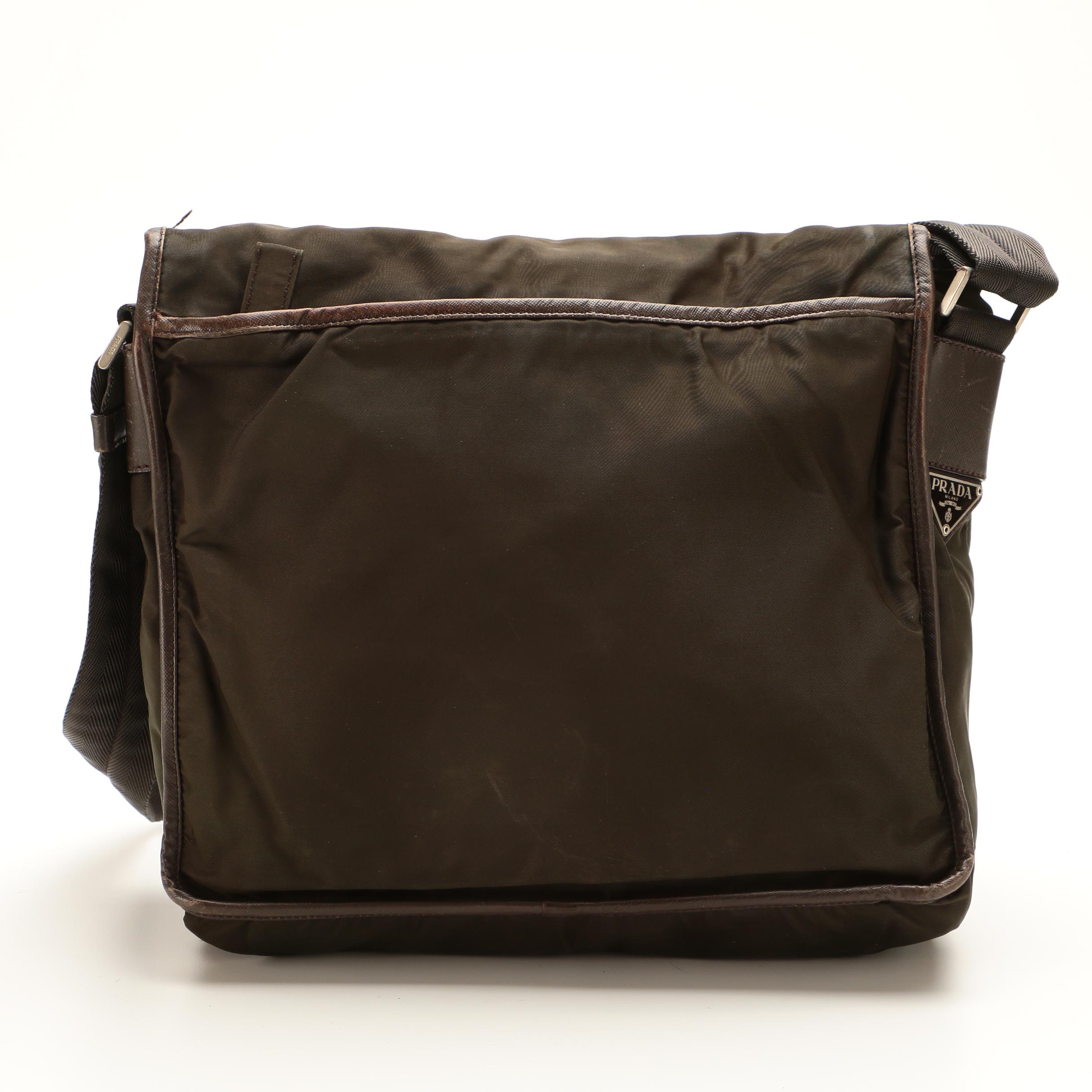 Prada Messenger Bag in Dark Olive Green Tessuto Nylon and Brown Saffiano Leather