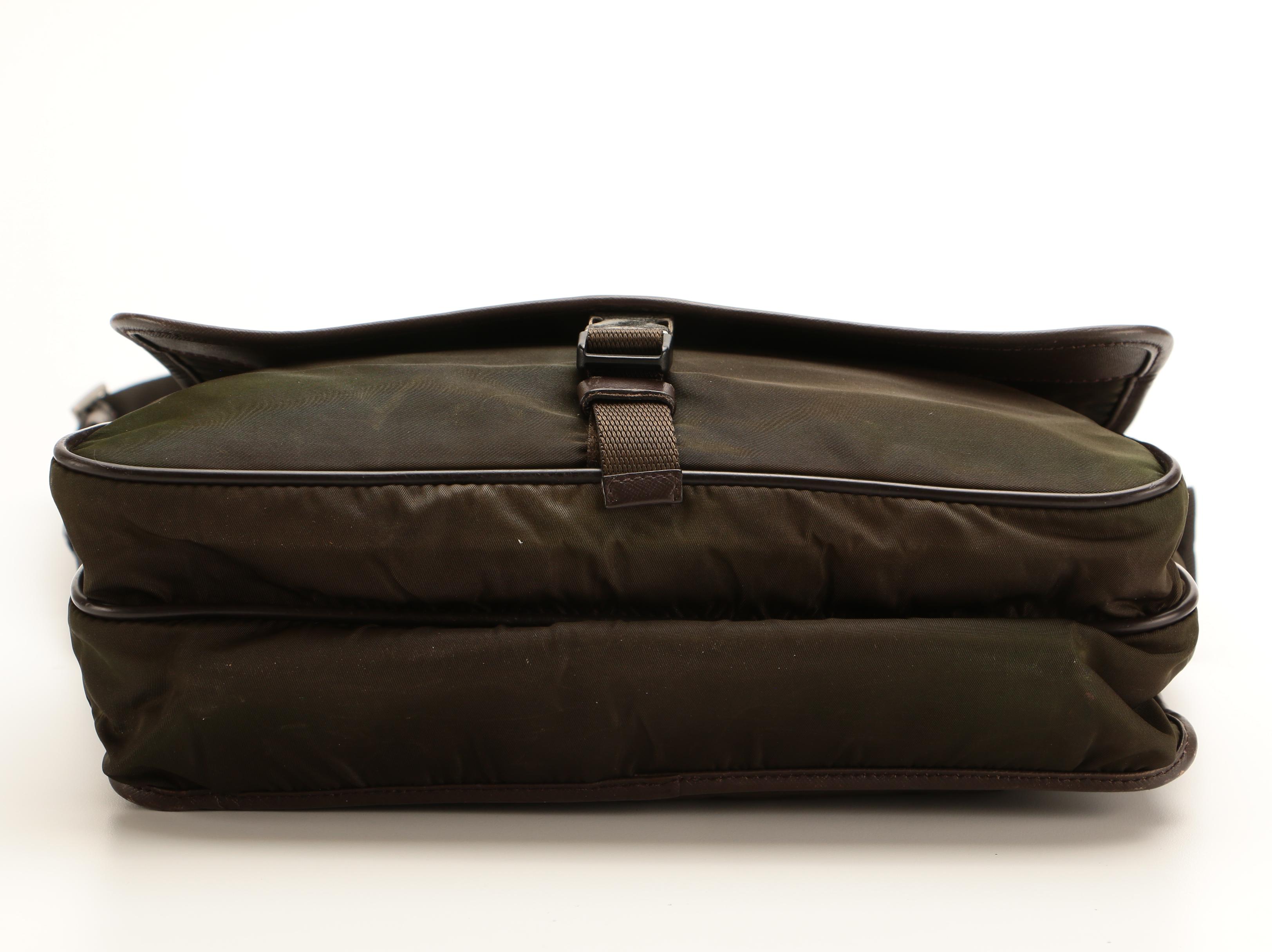 Prada Messenger Bag in Dark Olive Green Tessuto Nylon and Brown Saffiano Leather
