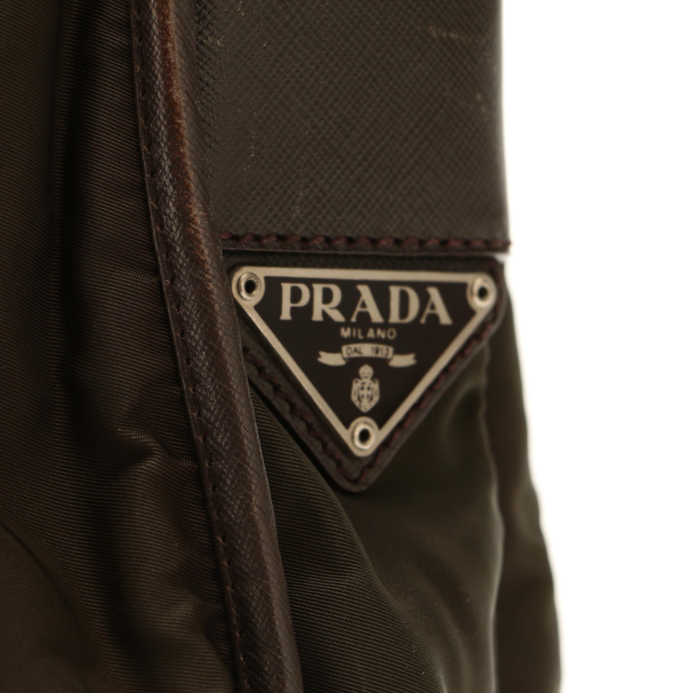 Prada Messenger Bag in Dark Olive Green Tessuto Nylon and Brown Saffiano Leather