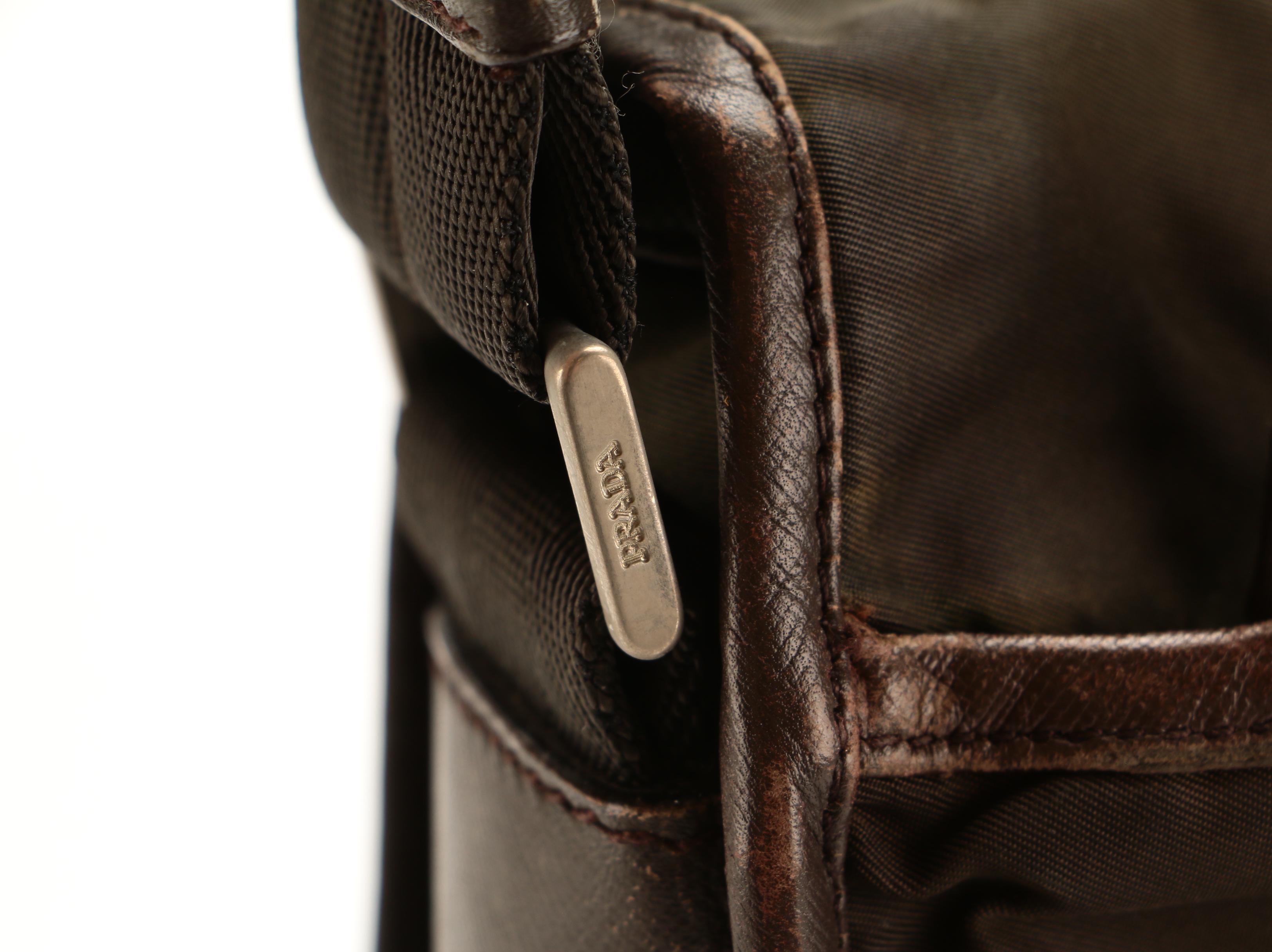 Prada Messenger Bag in Dark Olive Green Tessuto Nylon and Brown Saffiano Leather