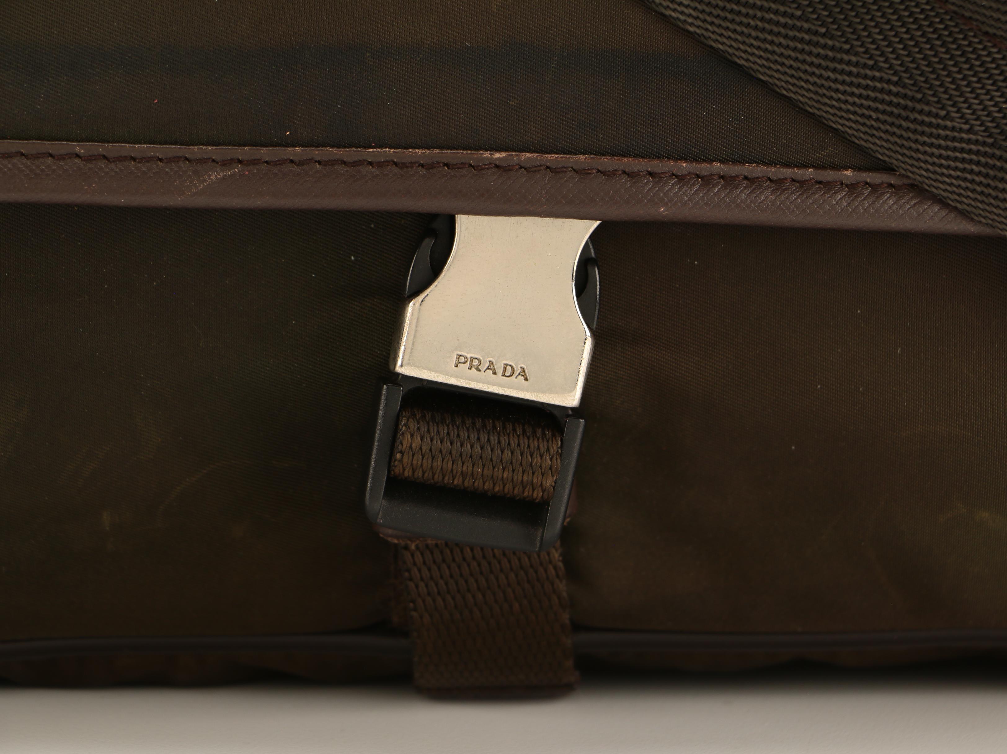 Prada Messenger Bag in Dark Olive Green Tessuto Nylon and Brown Saffiano Leather