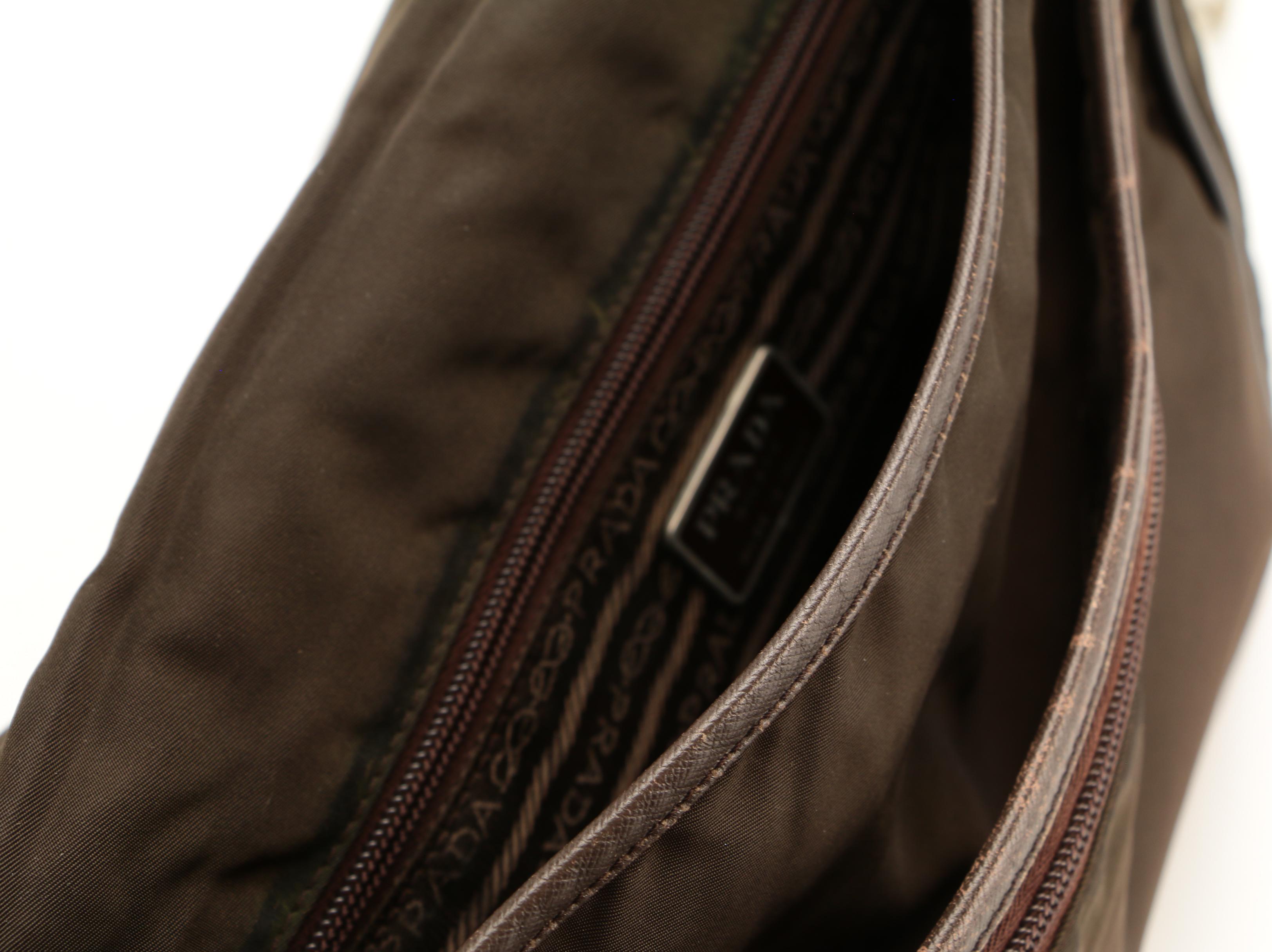 Prada Messenger Bag in Dark Olive Green Tessuto Nylon and Brown Saffiano Leather