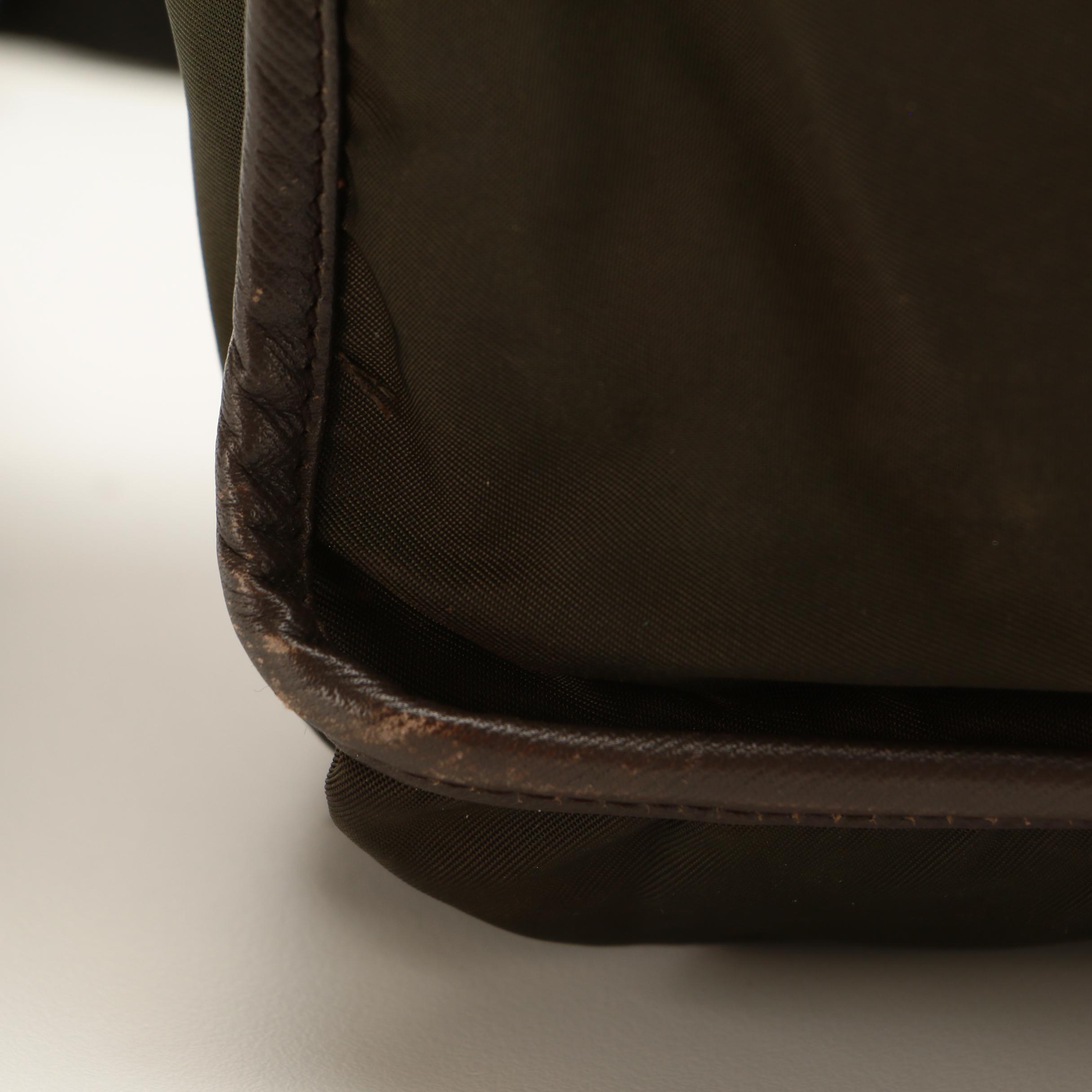 Prada Messenger Bag in Dark Olive Green Tessuto Nylon and Brown Saffiano Leather
