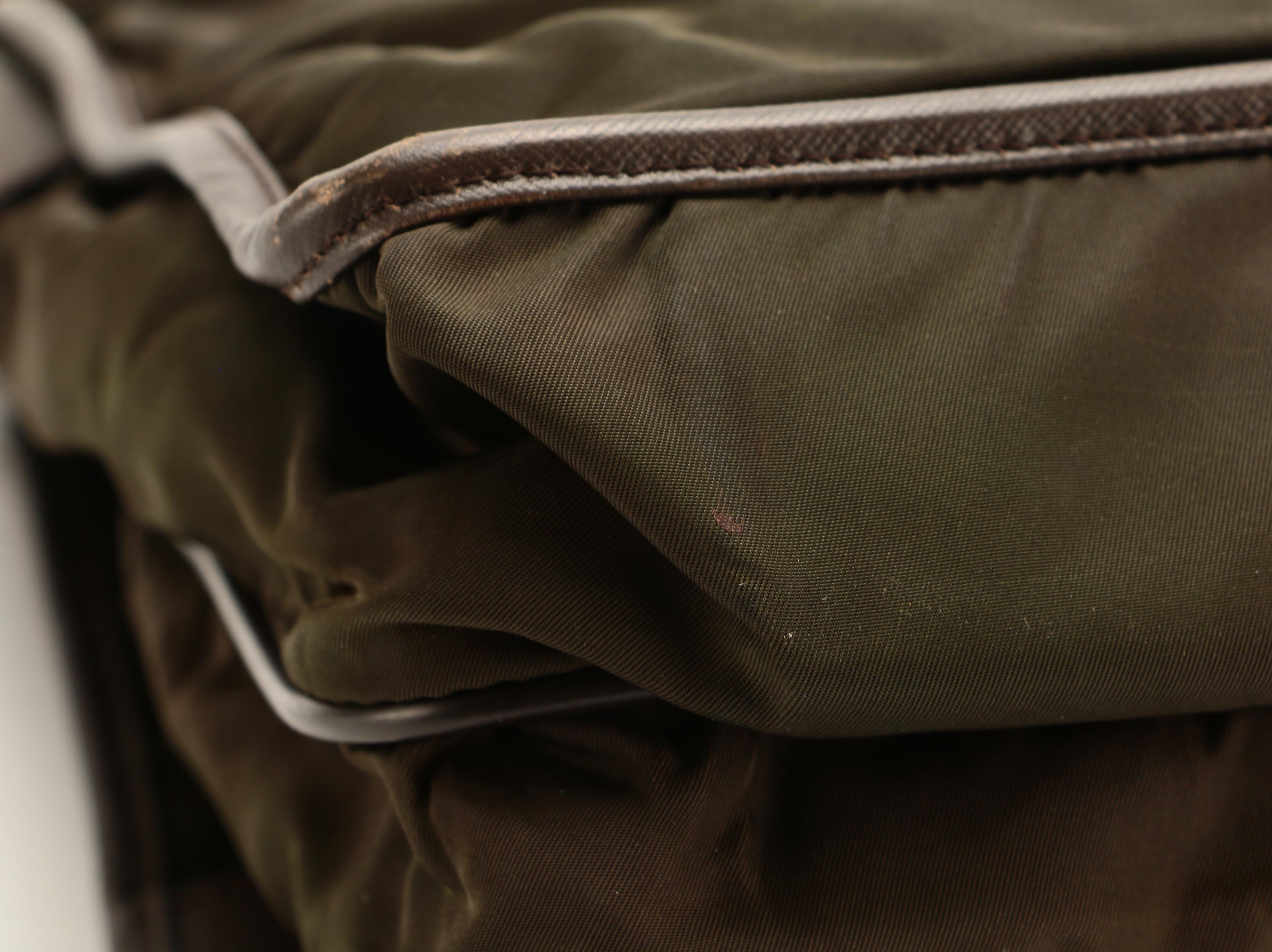 Prada Messenger Bag in Dark Olive Green Tessuto Nylon and Brown Saffiano Leather