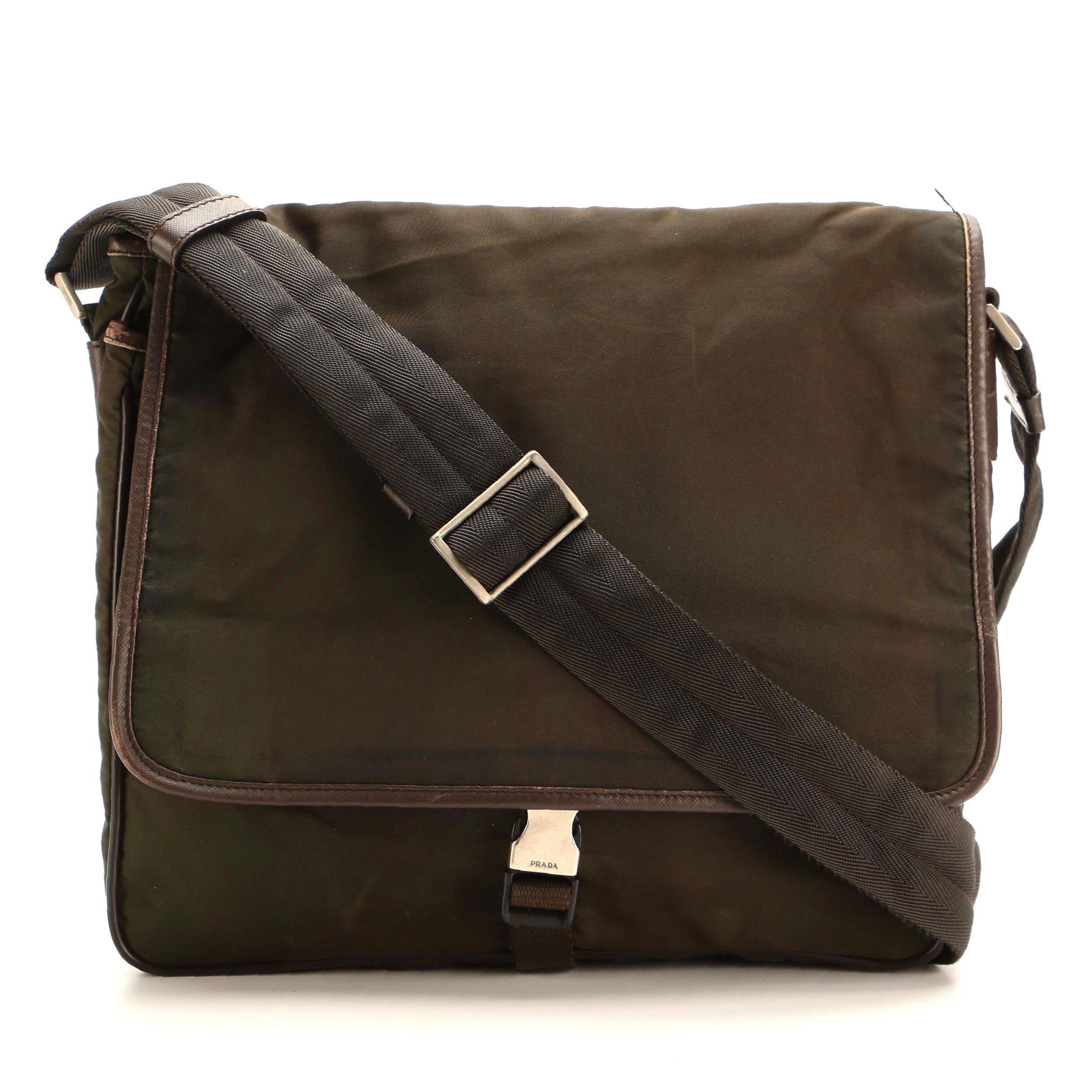 Prada Messenger Bag in Dark Olive Green Tessuto Nylon and Brown Saffiano Leather