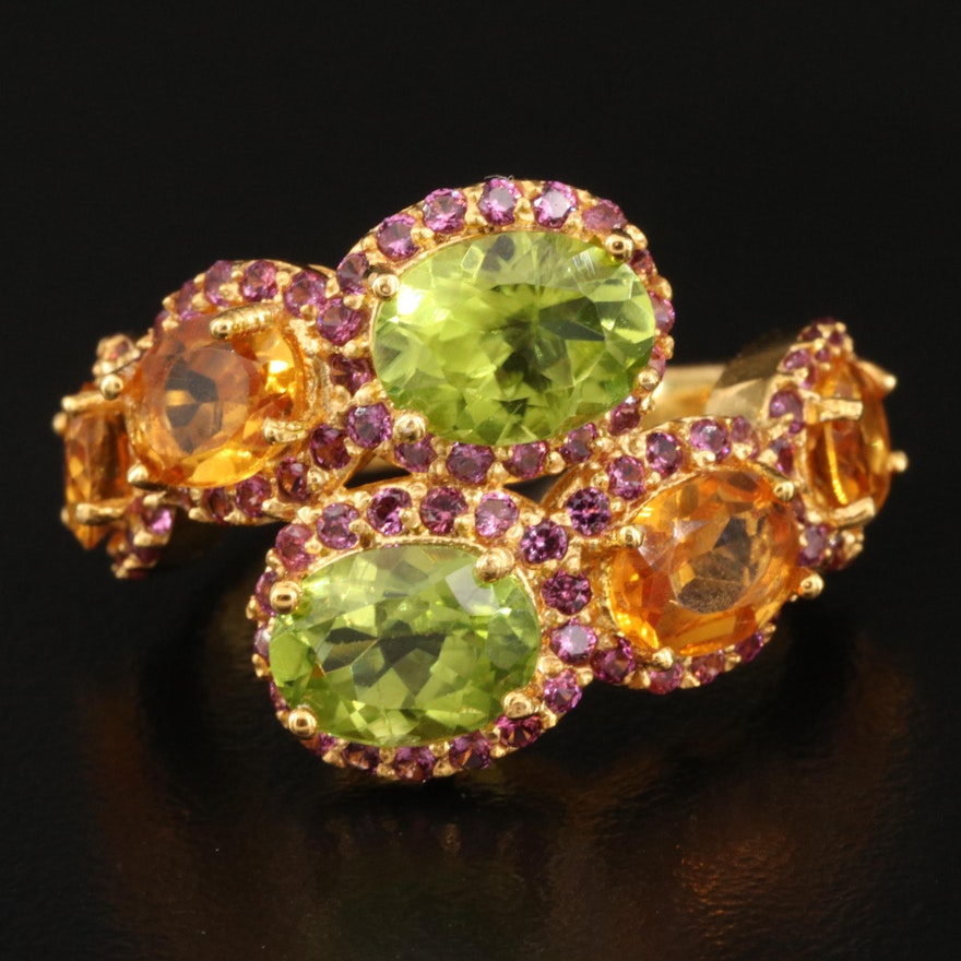 Sterling Silver Peridot, Citrine and Garnet Bypass Ring