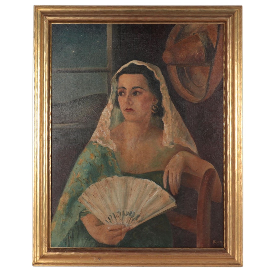 Oil Painting of Young Woman With Fan, Early 20th Century