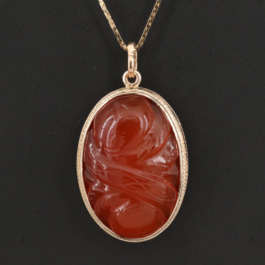 Vintage 10K Carnelian Oval Pendant on 14K Cobra Chain