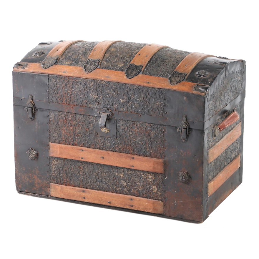 Late Victorian Metal-Clad and Slatted Oak Dome-Top Steamer Trunk