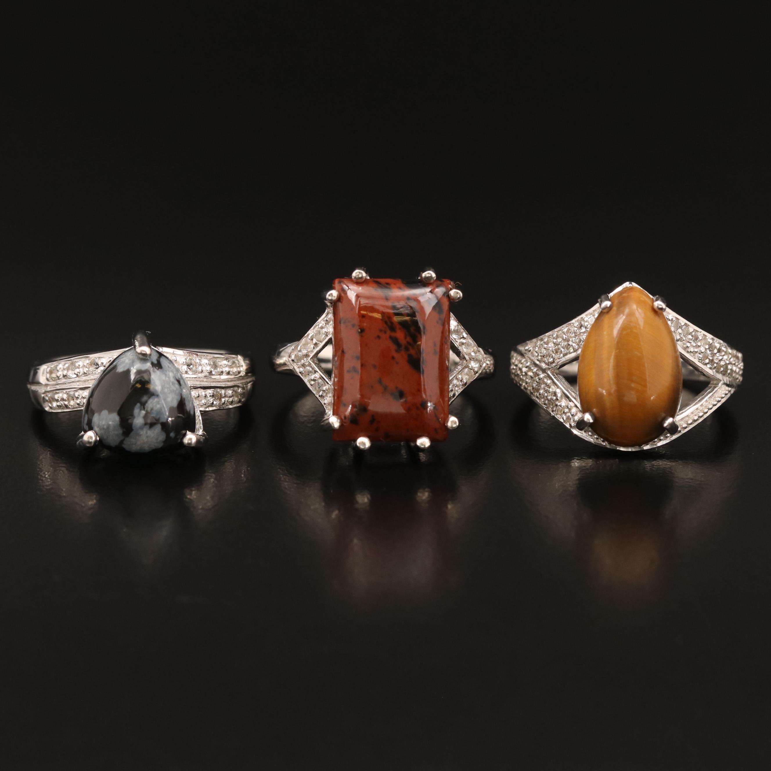 Sterling Rings Including Tiger's Eye Plus Mahogany and Snowflake Obsidian