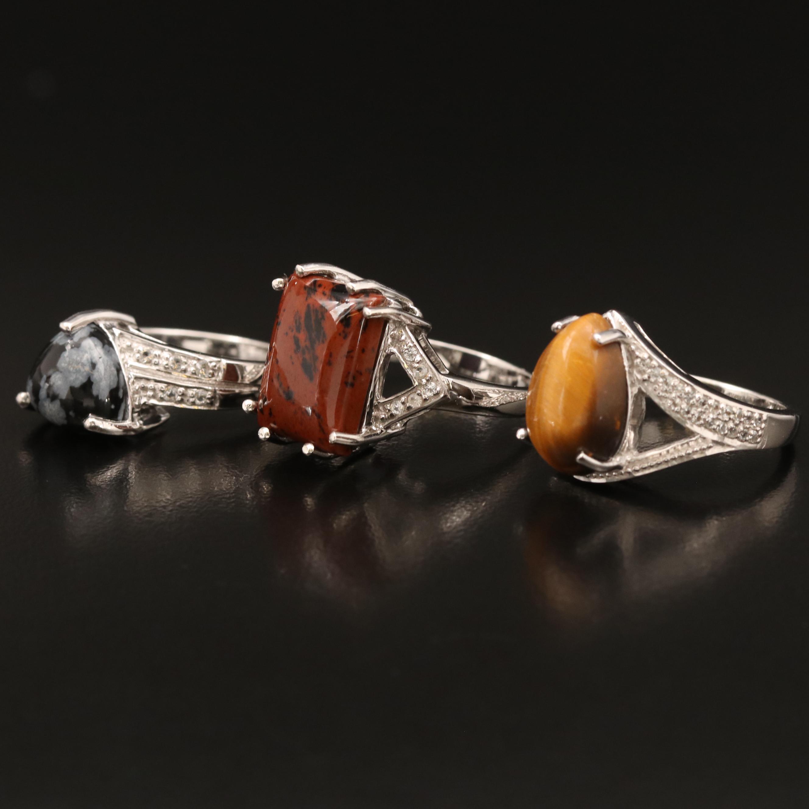 Sterling Rings Including Tiger's Eye Plus Mahogany and Snowflake Obsidian