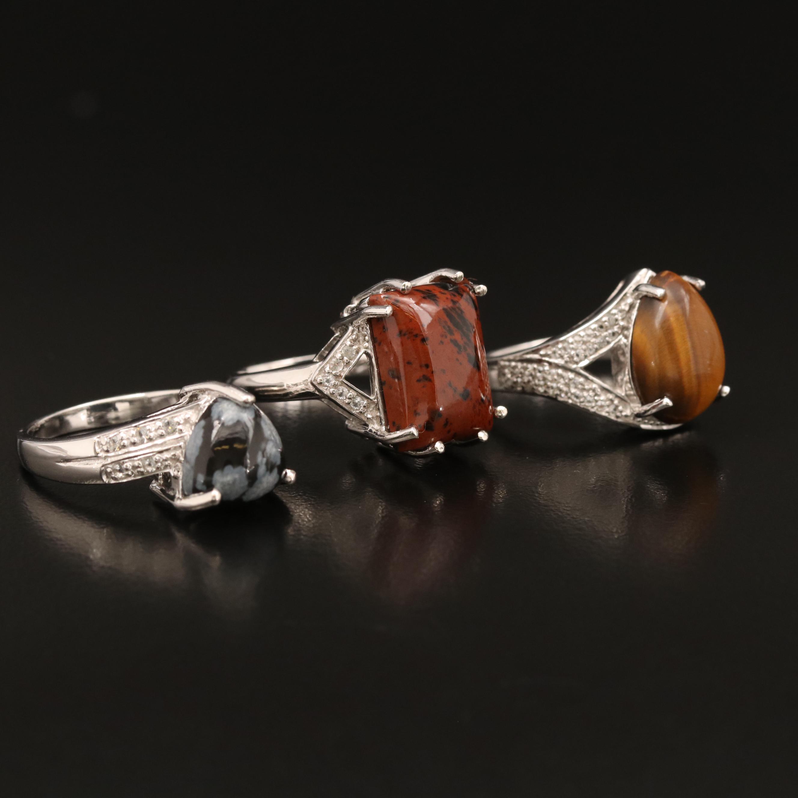 Sterling Rings Including Tiger's Eye Plus Mahogany and Snowflake Obsidian