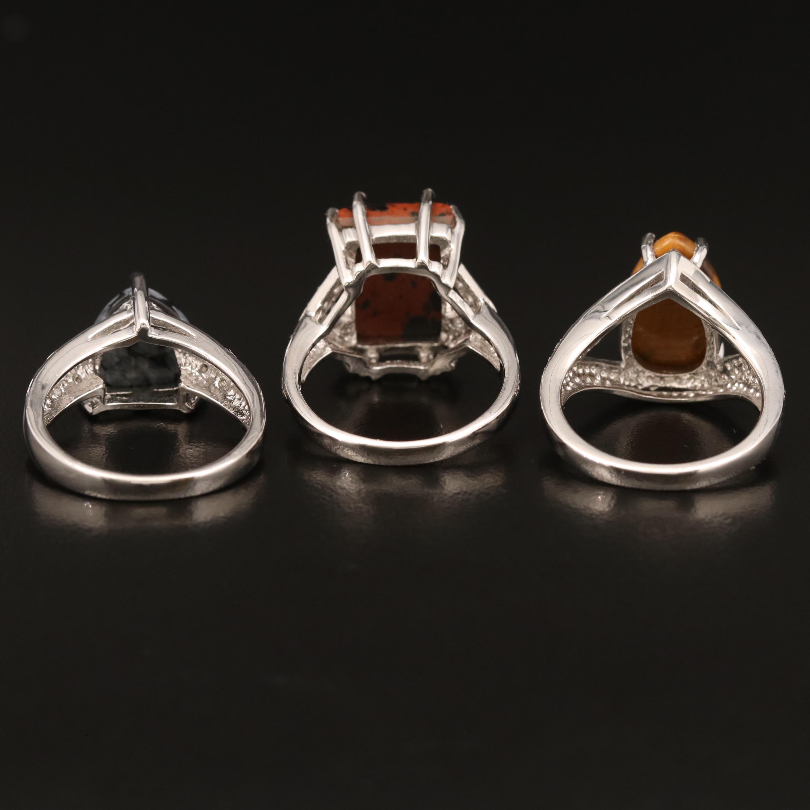 Sterling Rings Including Tiger's Eye Plus Mahogany and Snowflake Obsidian