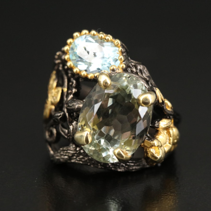 Sterling Silver Prasiolite and Topaz Ring with Nature Design