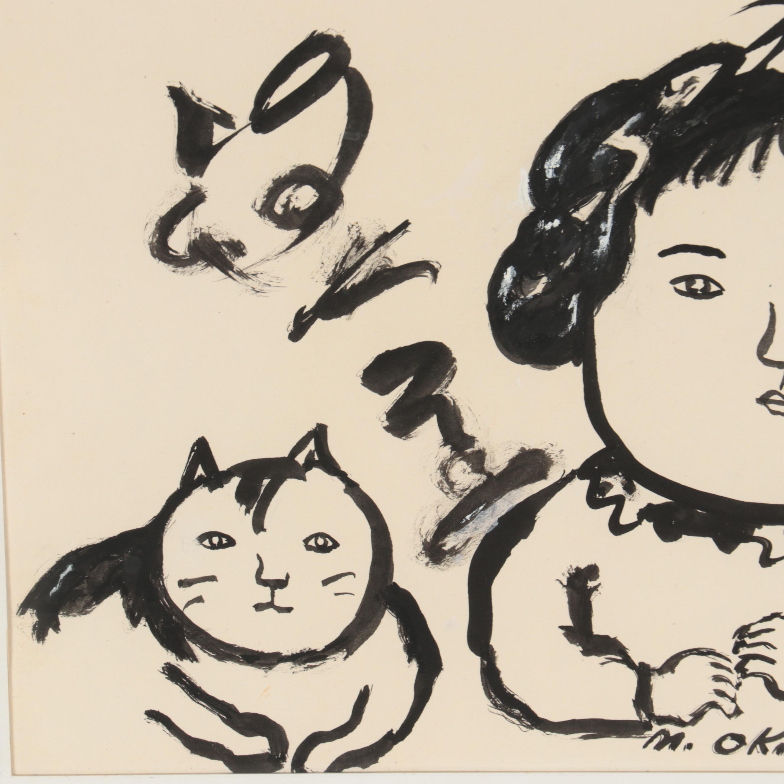 Miné Okubo Ink Wash Drawing of Woman with Cat, Circa 1970