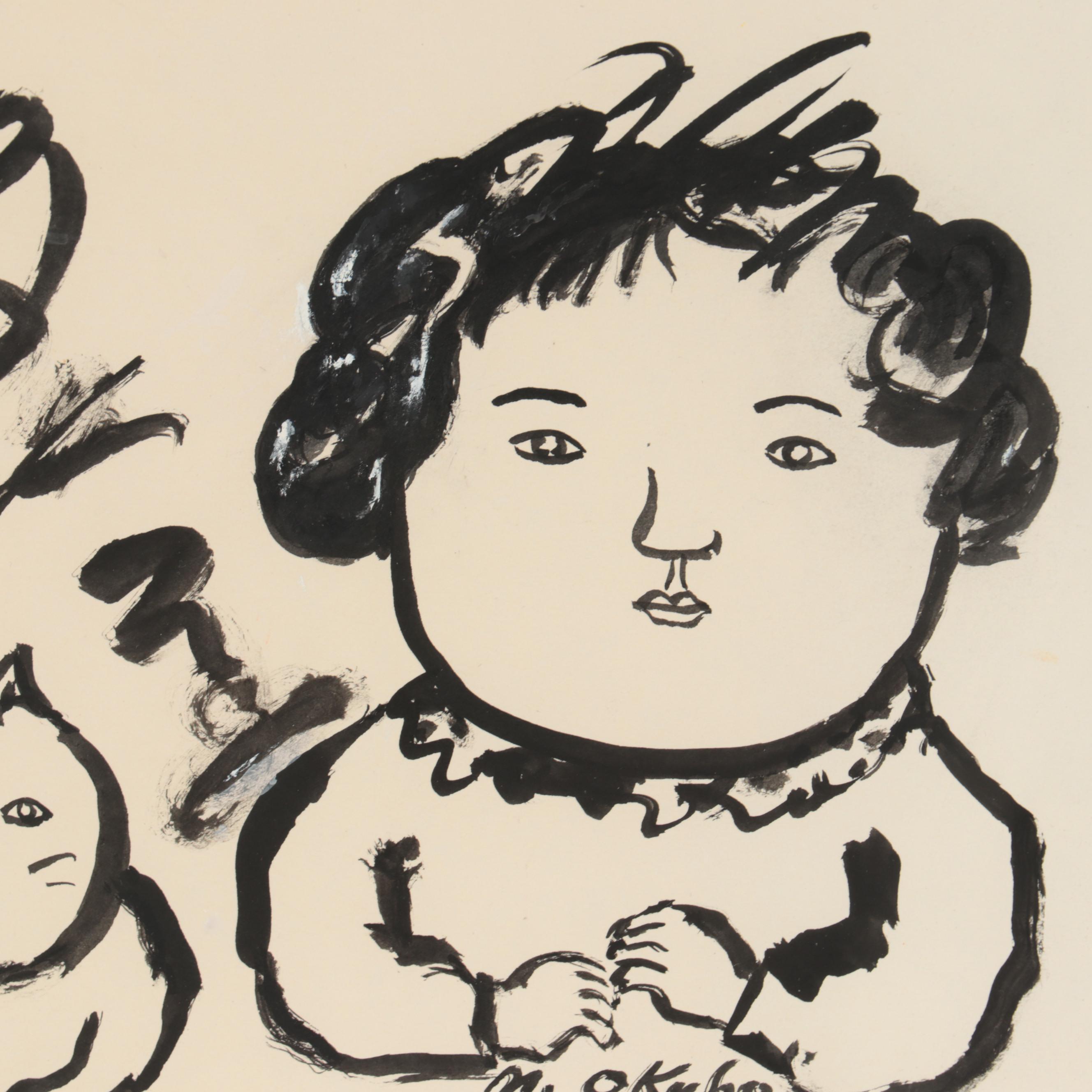 Miné Okubo Ink Wash Drawing of Woman with Cat, Circa 1970