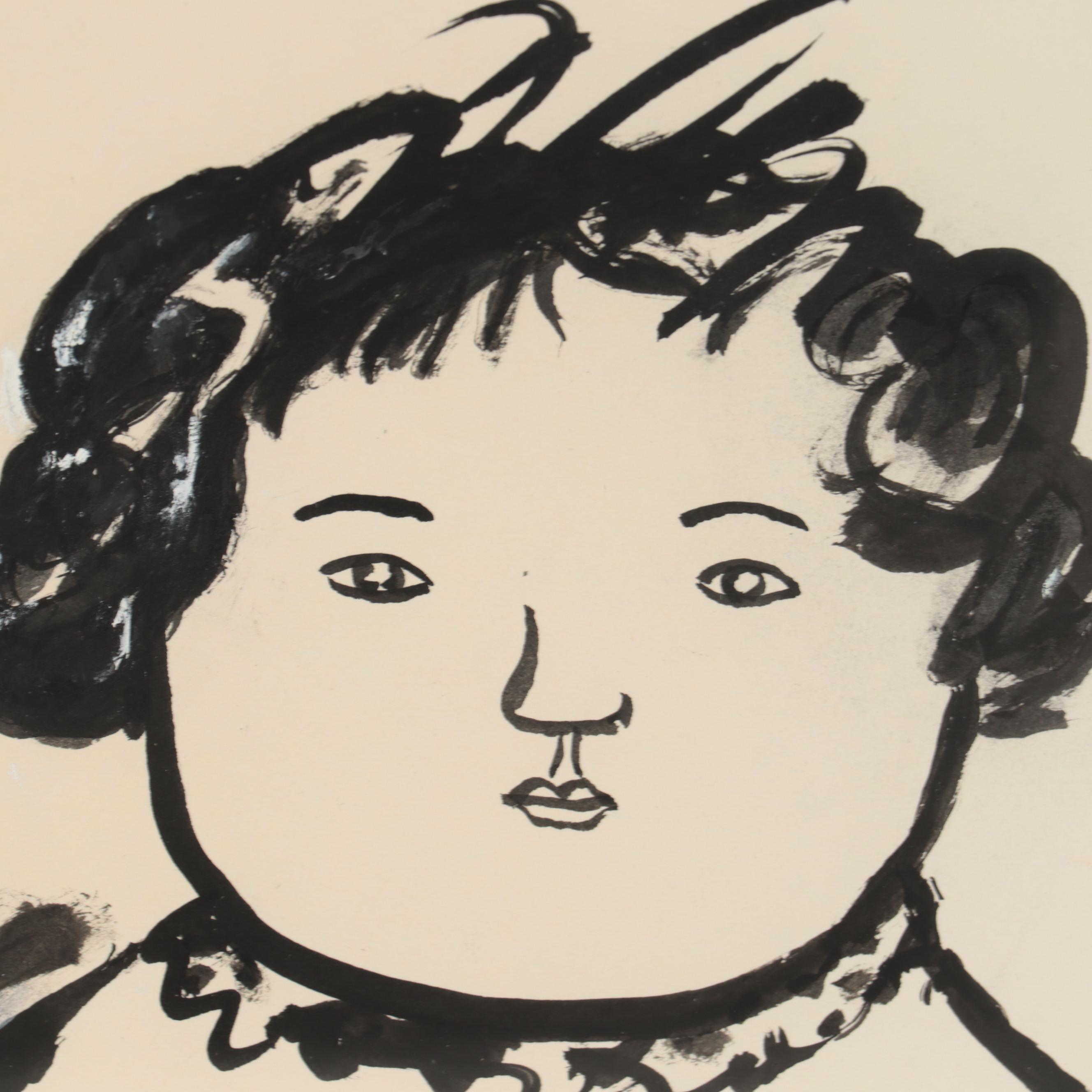 Miné Okubo Ink Wash Drawing of Woman with Cat, Circa 1970