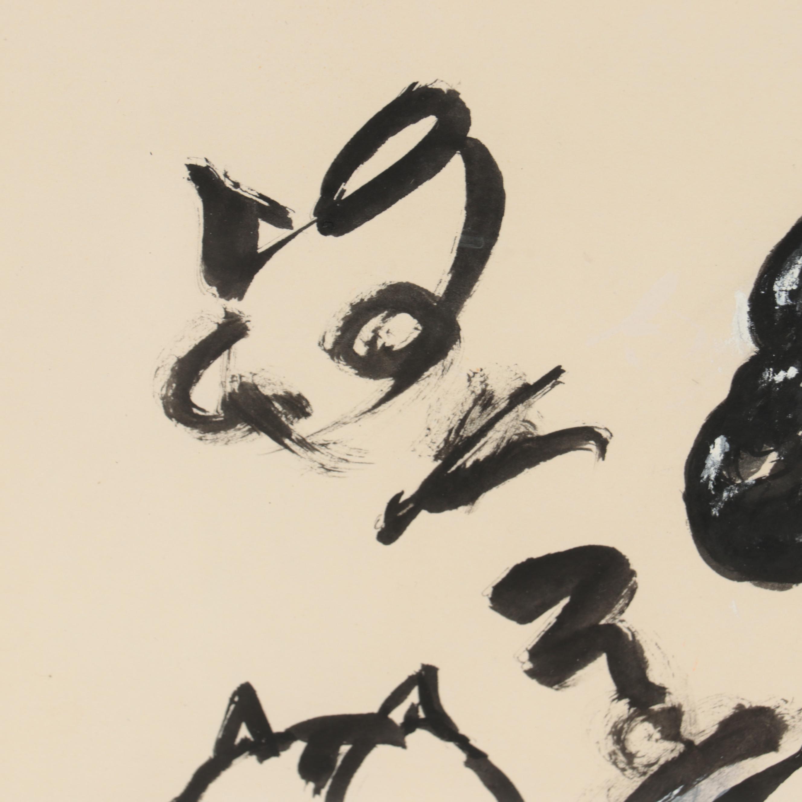 Miné Okubo Ink Wash Drawing of Woman with Cat, Circa 1970