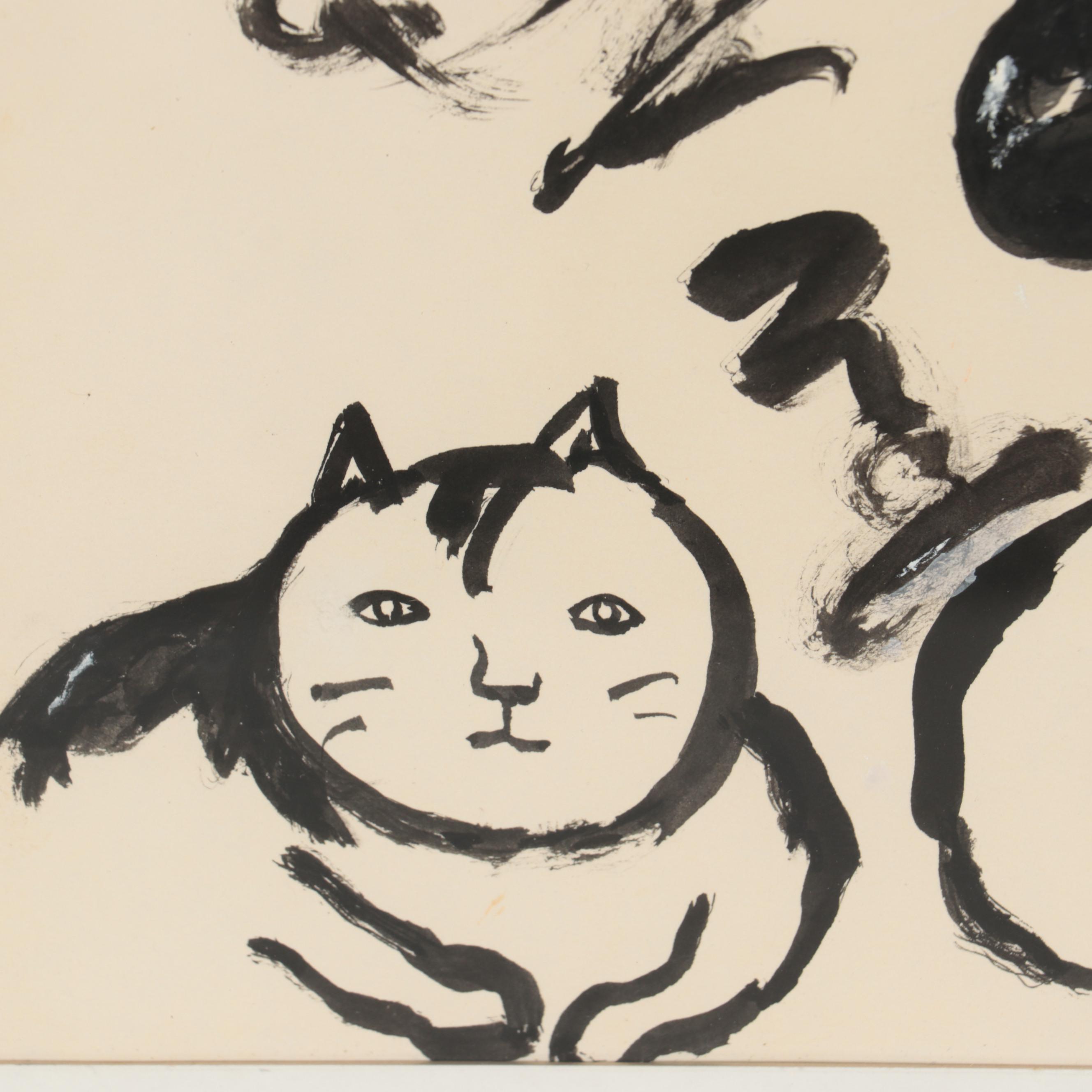 Miné Okubo Ink Wash Drawing of Woman with Cat, Circa 1970