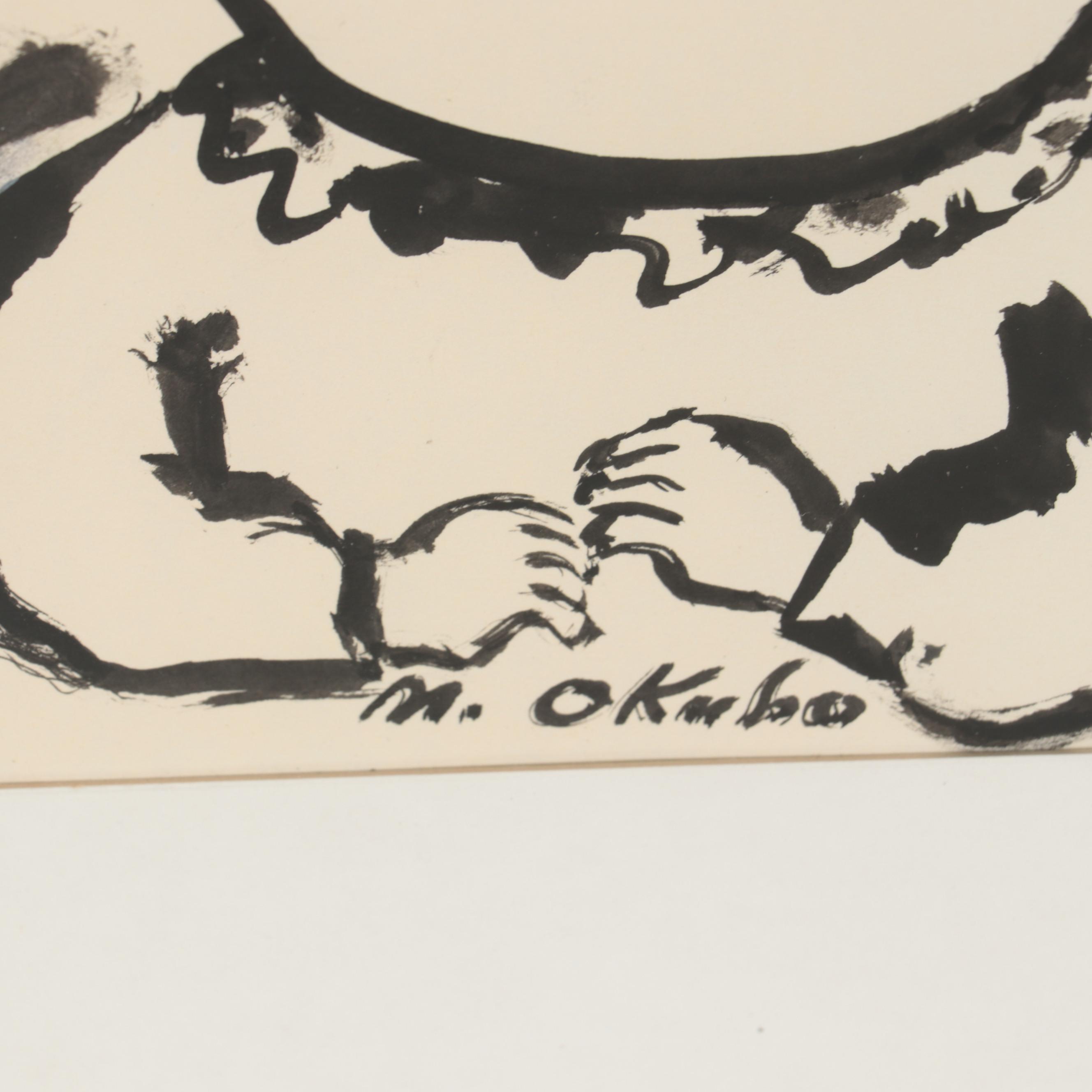 Miné Okubo Ink Wash Drawing of Woman with Cat, Circa 1970