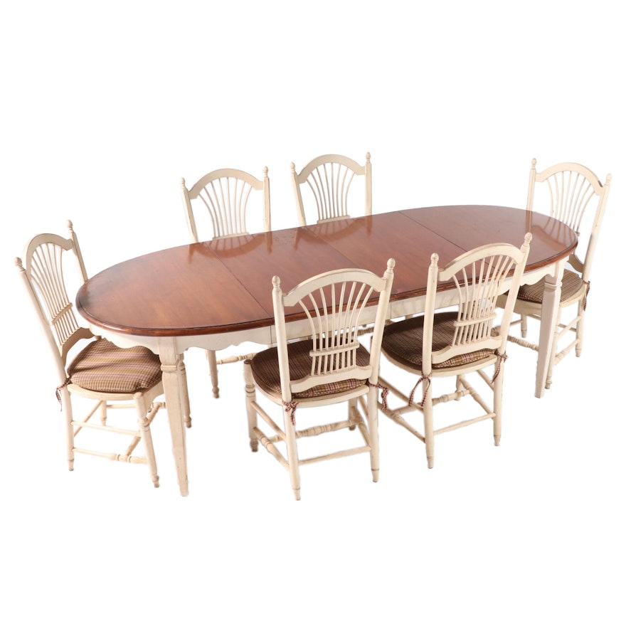 French Provincial Style Painted Wood and Cherry Seven-Piece Dining Set